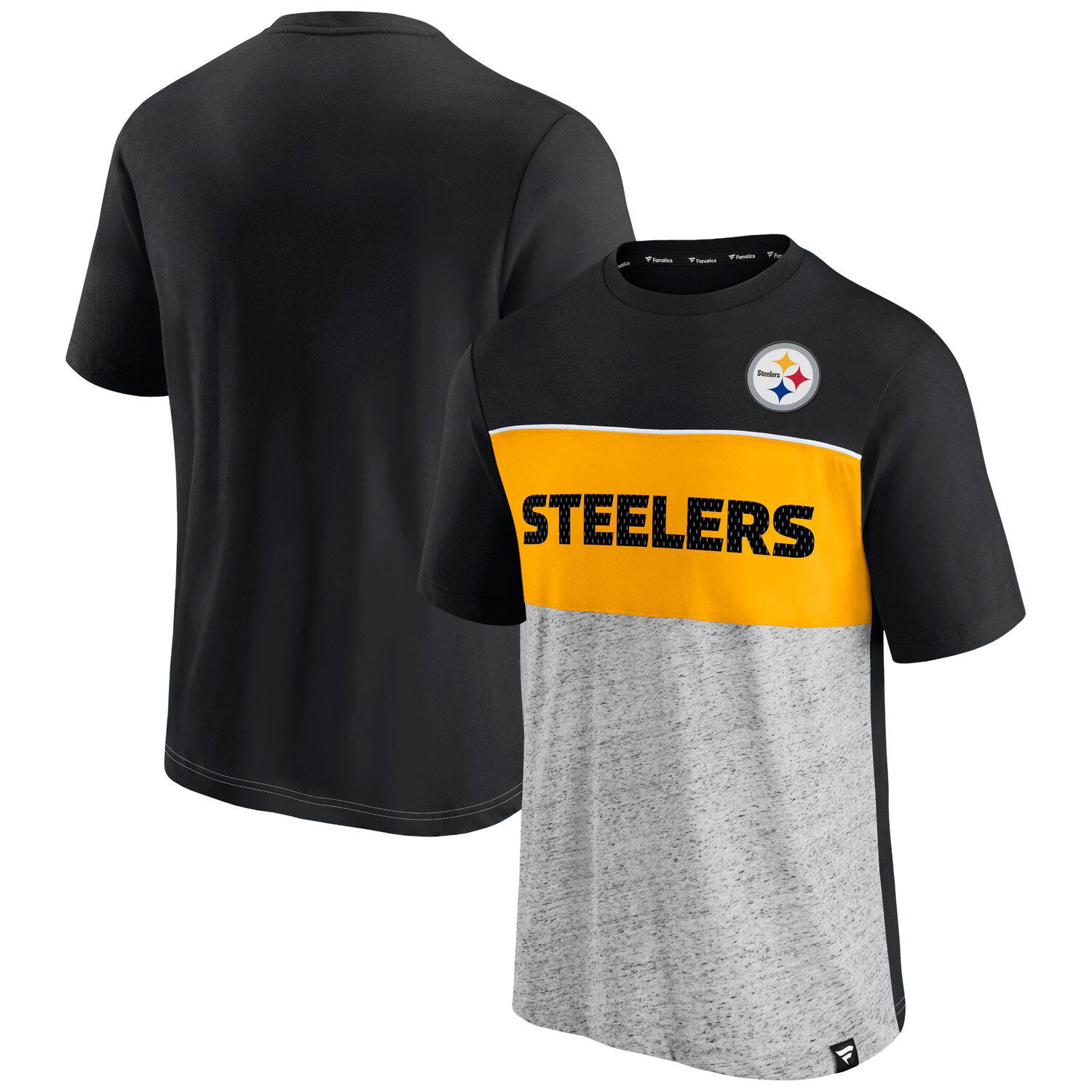 

Мужская футболка Fanatics черного/серого цвета с логотипом Pittsburgh Steelers с цветными блоками, Черный, Мужская футболка Fanatics черного/серого цвета с логотипом Pittsburgh Steelers с цветными блоками