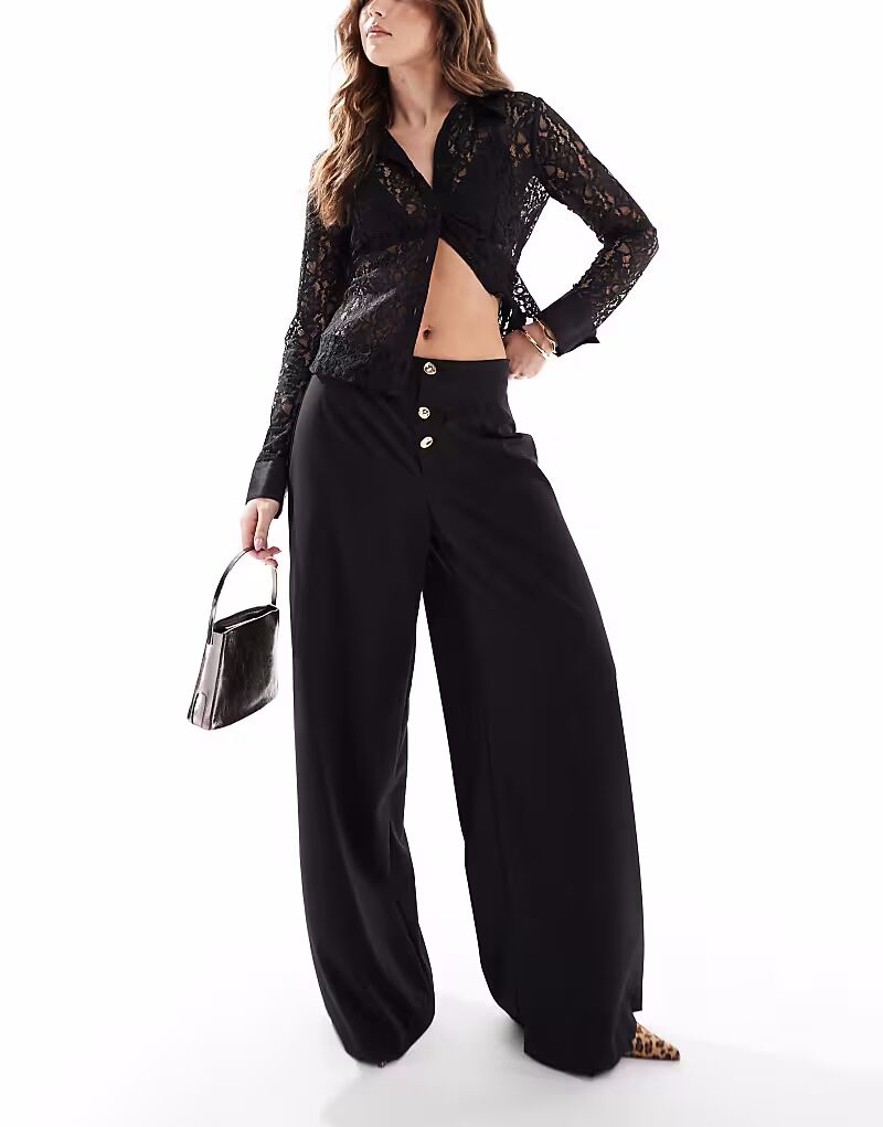 

Широкие брюки ASOS DESIGN с высокой талией и отделкой черного цвета