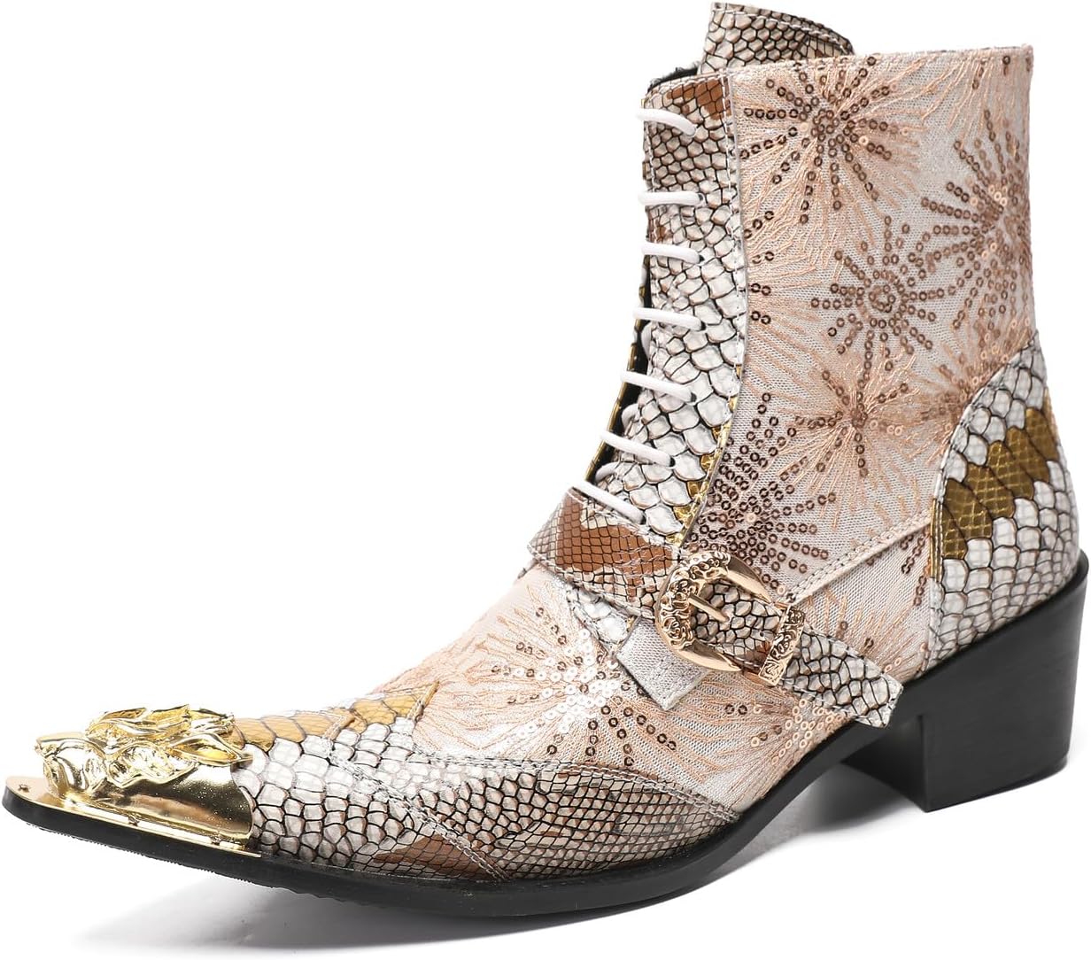 

Мужские повседневные ковбойские ботинки Santimon Mens Dress Casual Western - ботинки средней высоты из натуральной кожи с блестками и металлическим носком в форме крыльев для бальной или диско-вечеринки, Seashell-l