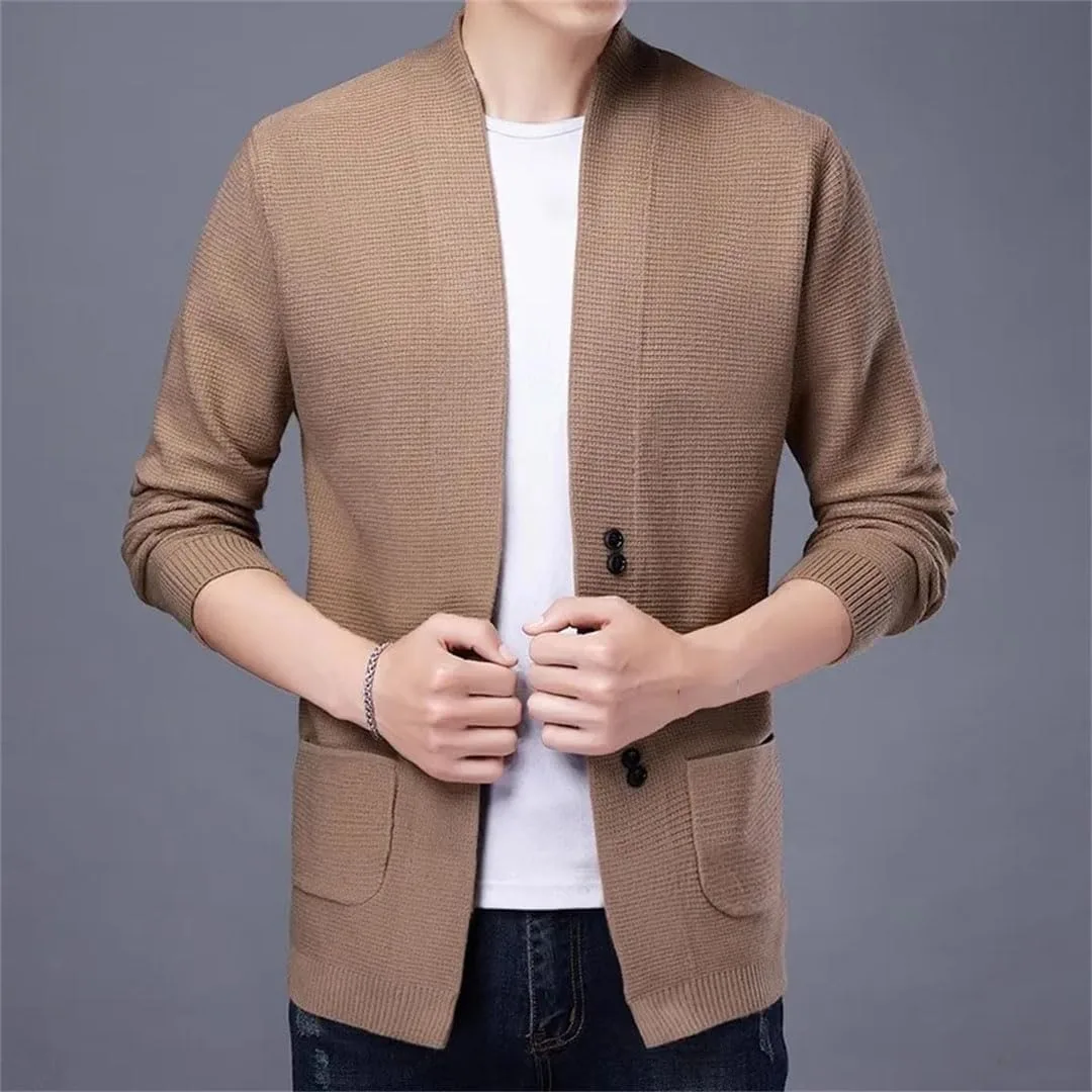 Мужской вязаный кардиган осень-зима slim fit свитер outerwear solid color V-образный вырез корейский вязаный кардиган — фото 3