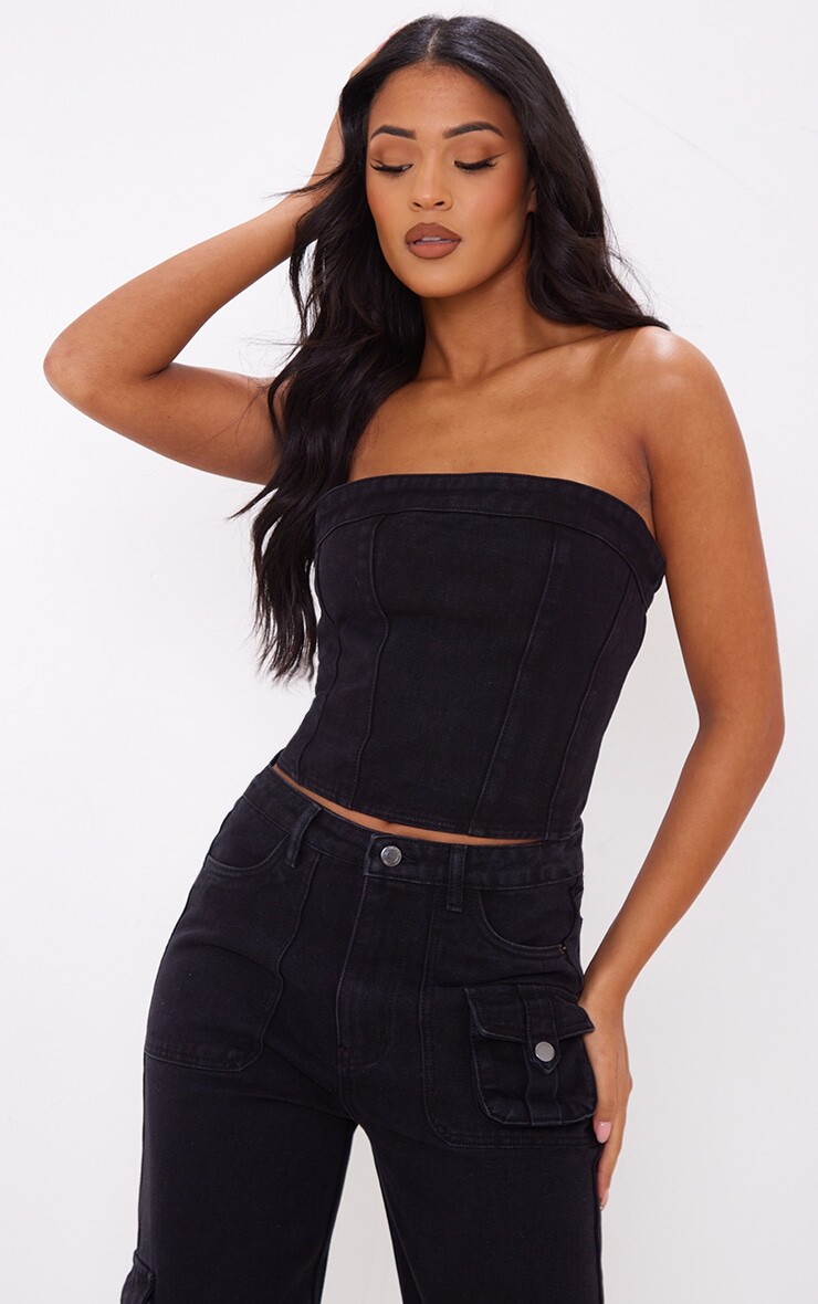 

PrettyLittleThing Высокий корсетный топ из черного джинсового потертого материала