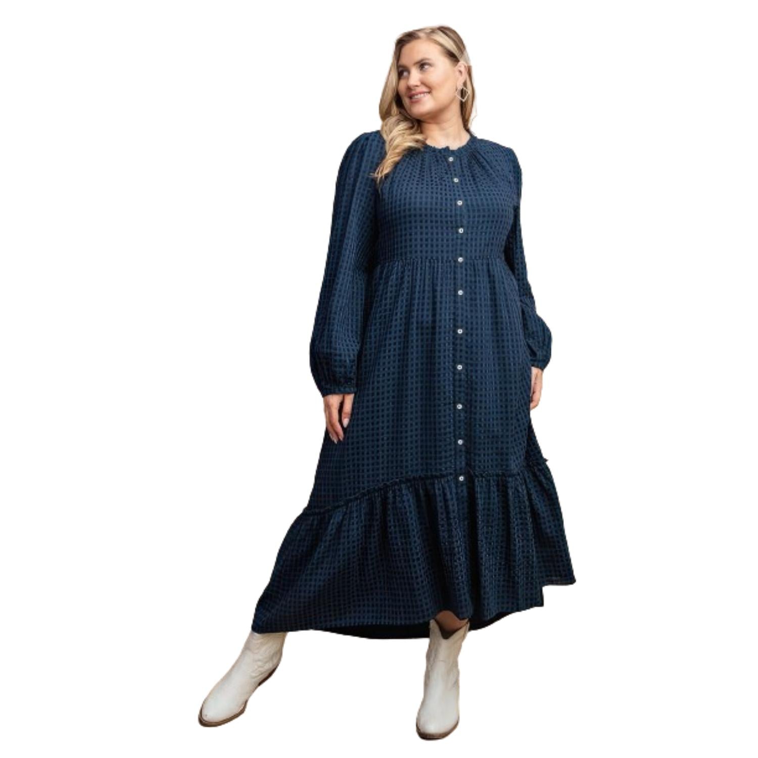 

Платье макси с застежкой на пуговицы и асимметричным подолом в клетку FASHNZFAB, темно-синий