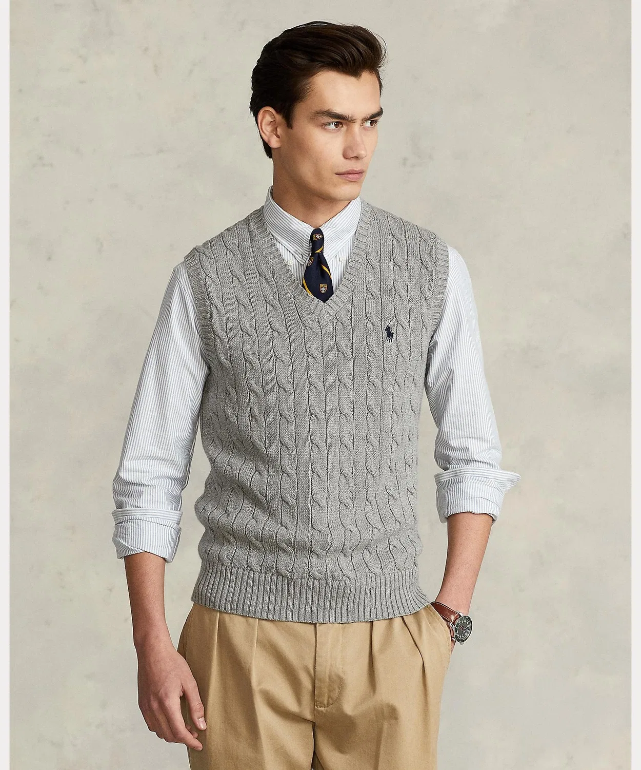 Свитер-жилет из хлопка с косами Polo Ralph Lauren серый