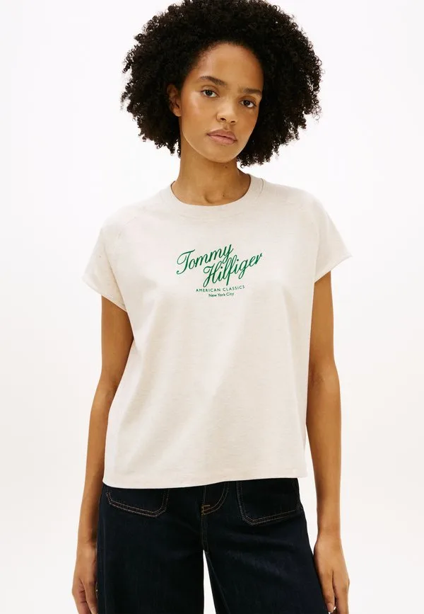 Футболка с короткими рукавами и принтом, свободный крой, с логотипом Tommy Hilfiger, Heather Oatmilk