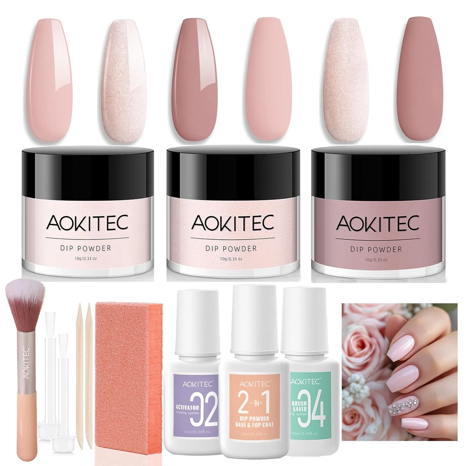 Набор для наращивания ногтей акриловой пудрой «Dipping Powder Nails Set» от Aokitec, 12 предметов Aokitec, 01-Light Nude Pink