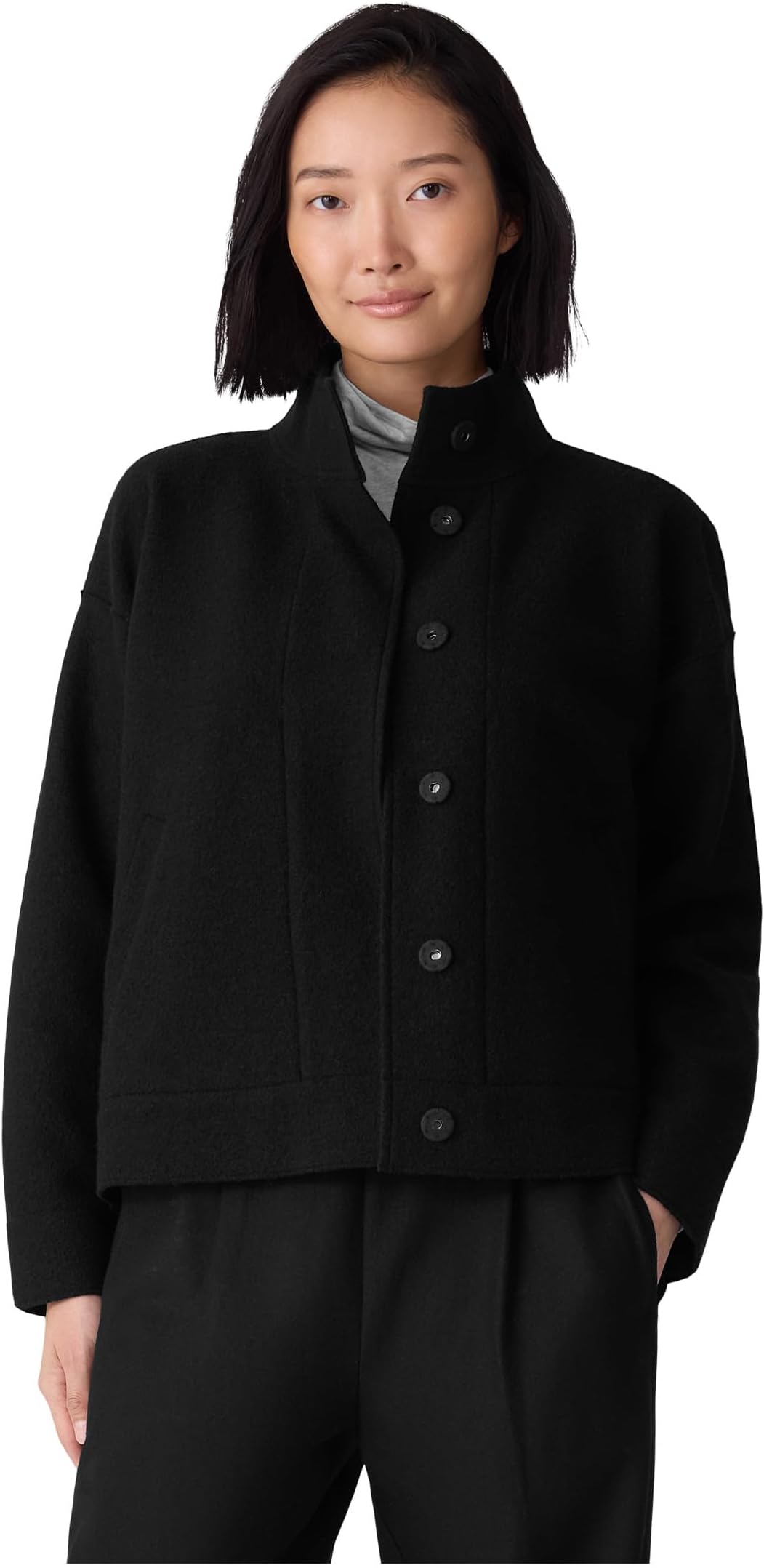 

Куртка Eileen Fisher Lightweight Boiled Wool Stand Collar Jacket With Pockets, черный