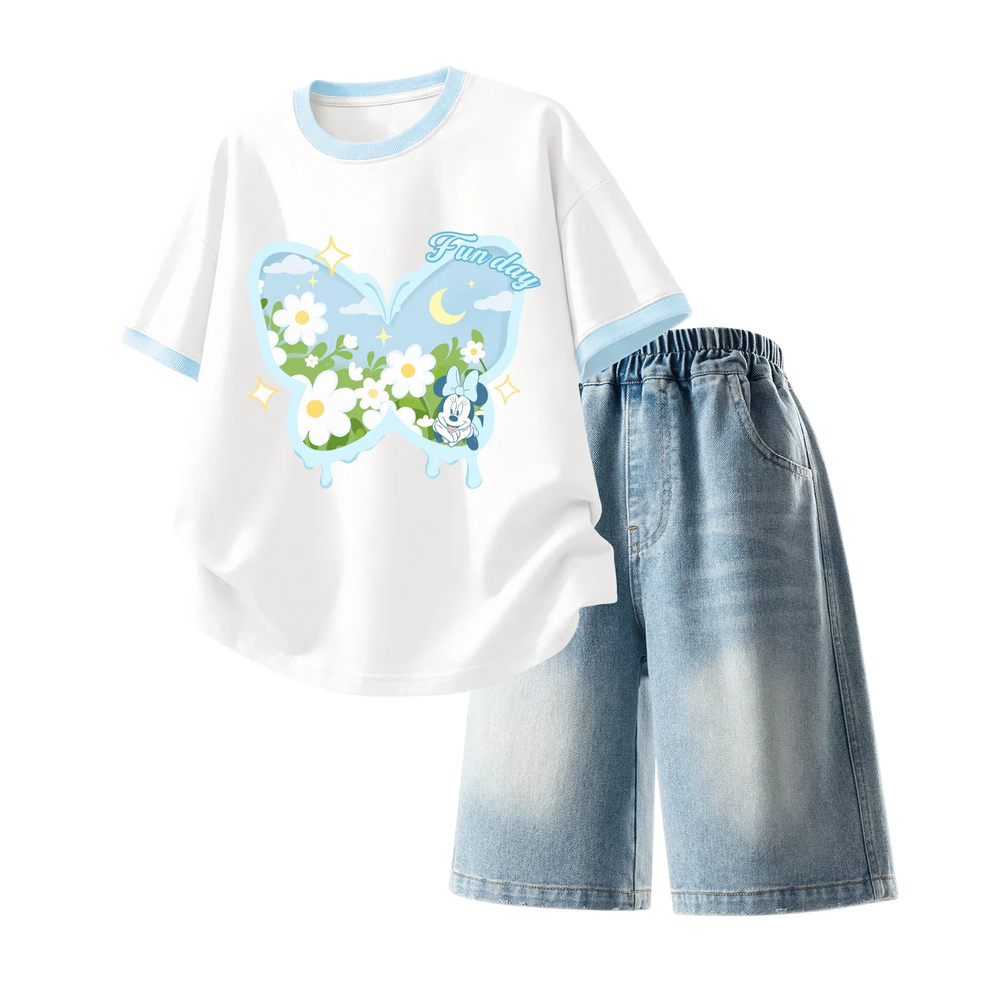Детская повседневная спортивная футболка с круглым вырезом Disney, Bright and Sparkling Cream Blue+Solid Color Denim Blue — фото 3