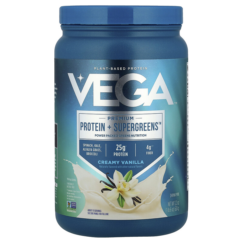 

Vega, Premium Protein + Supergreens , кремовая ваниль, 624 г (1 фунт 6 унций)