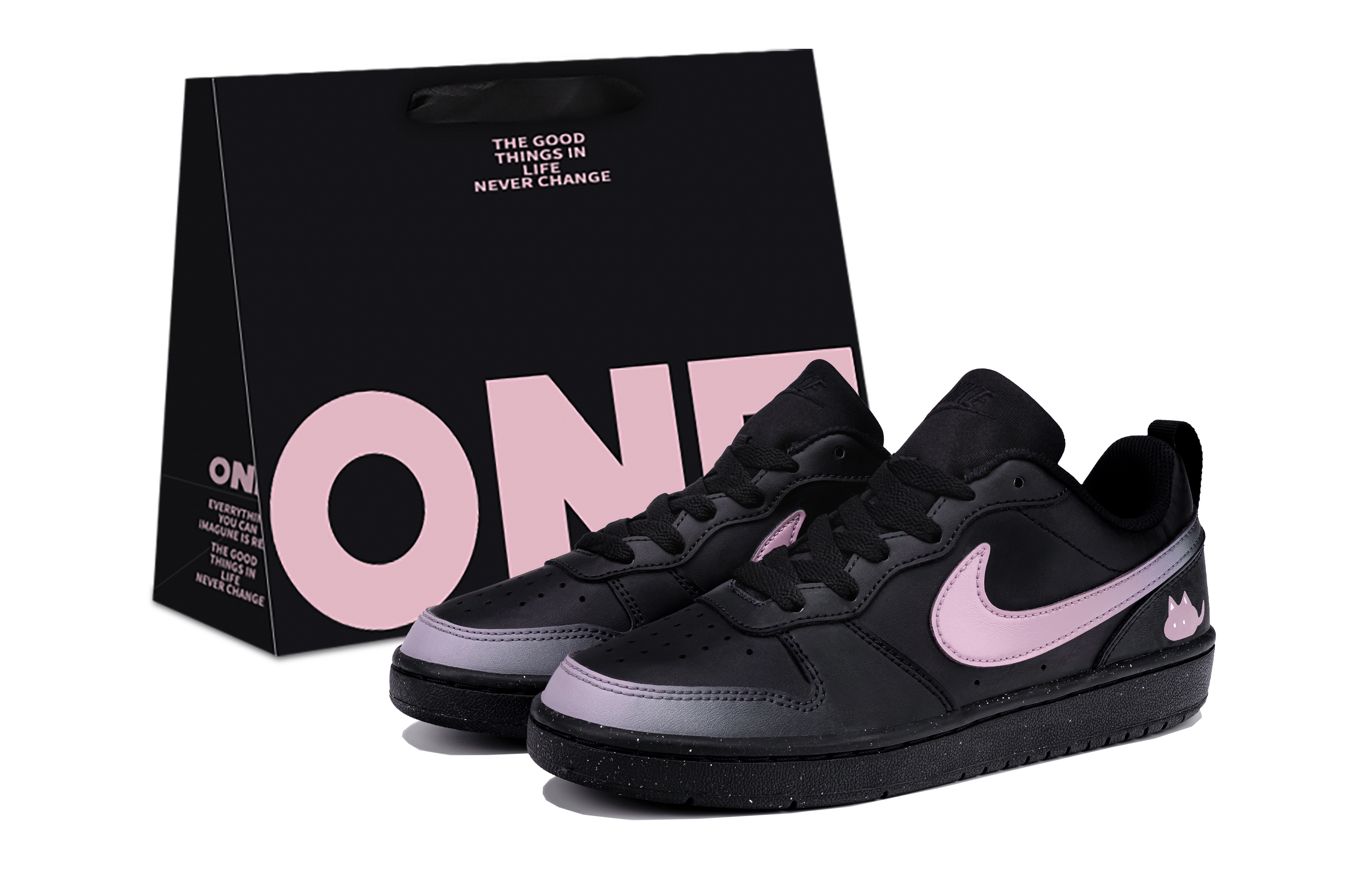 

Nike Court Borough Cute Cat Slip Resistant Low top Kids' Skateboarding Shoes Berry Pink Teenagers