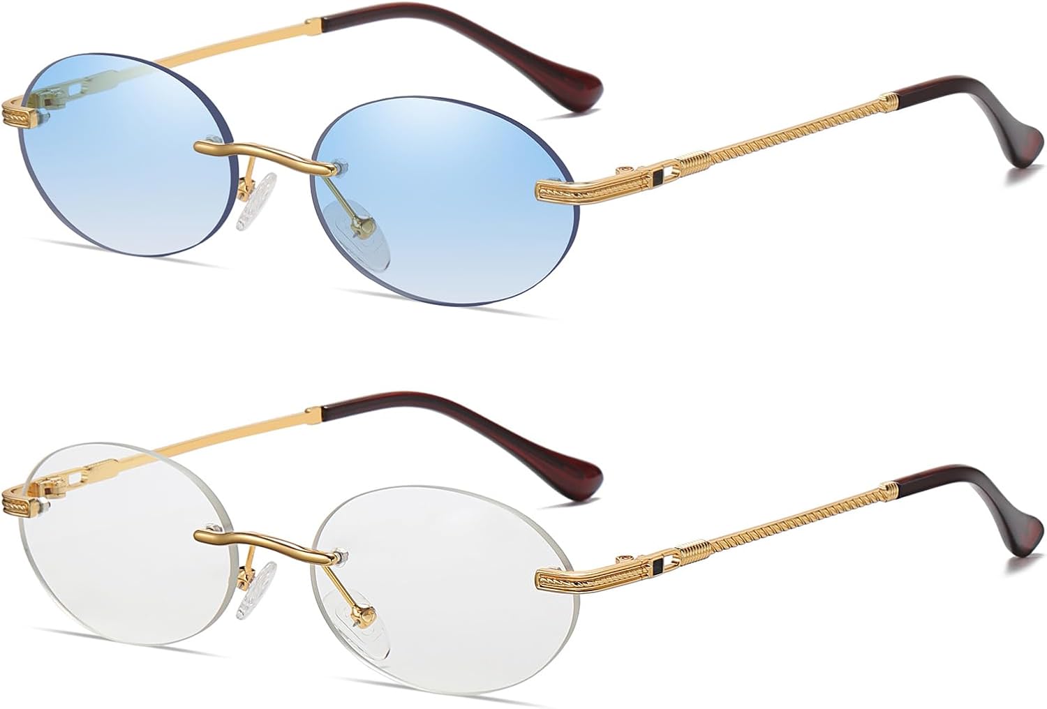 

Ретро овальные солнцезащитные очки без оправы, маленькие круглые очки без оправы, защита от УФ-излучения UV400, модные очки для мужчин и женщин TOSGMLOUS, 2pack (Blue + Clear)