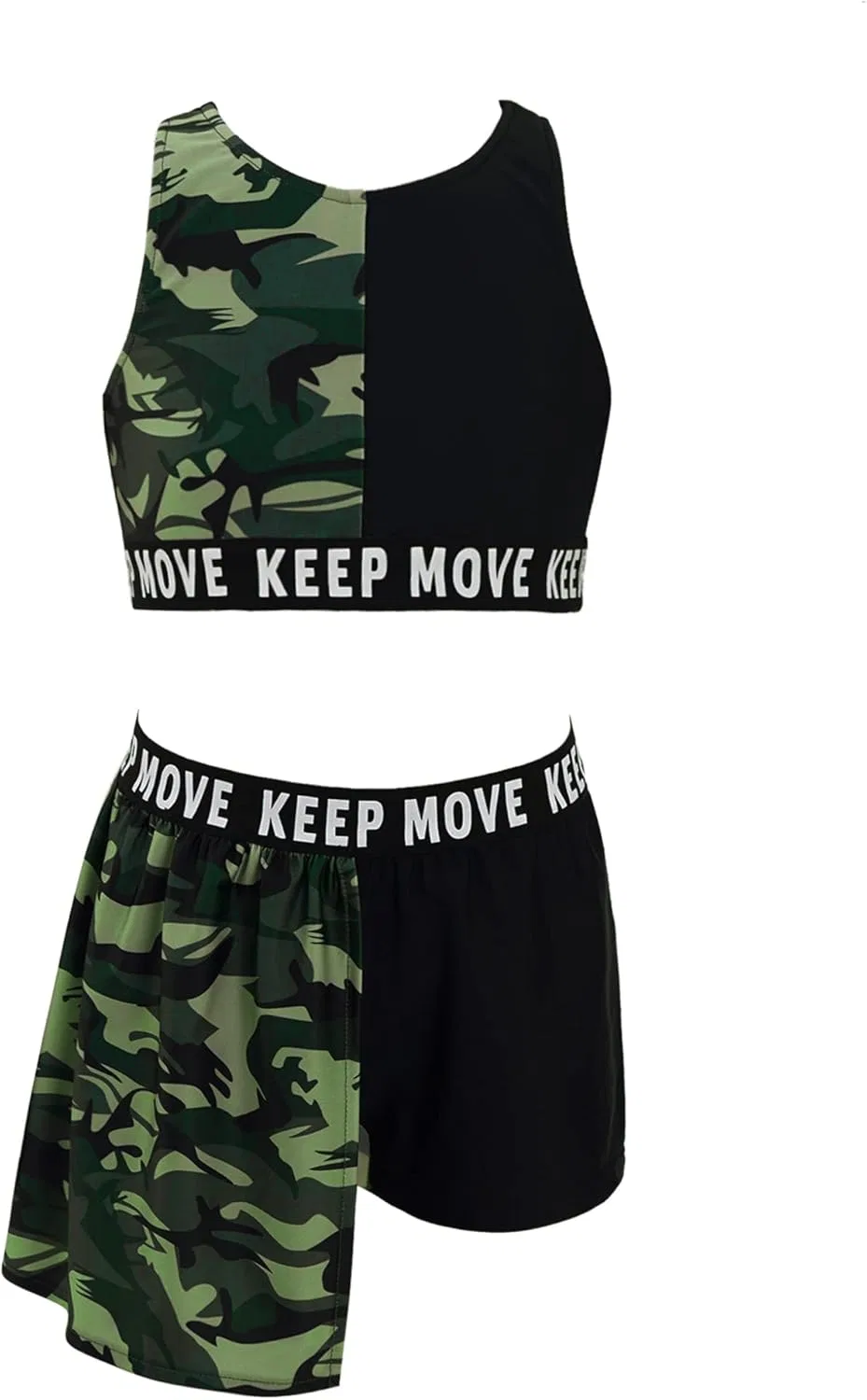 Детский спортивный комплект из топа и шорт с юбкой, VernLan, Army Green