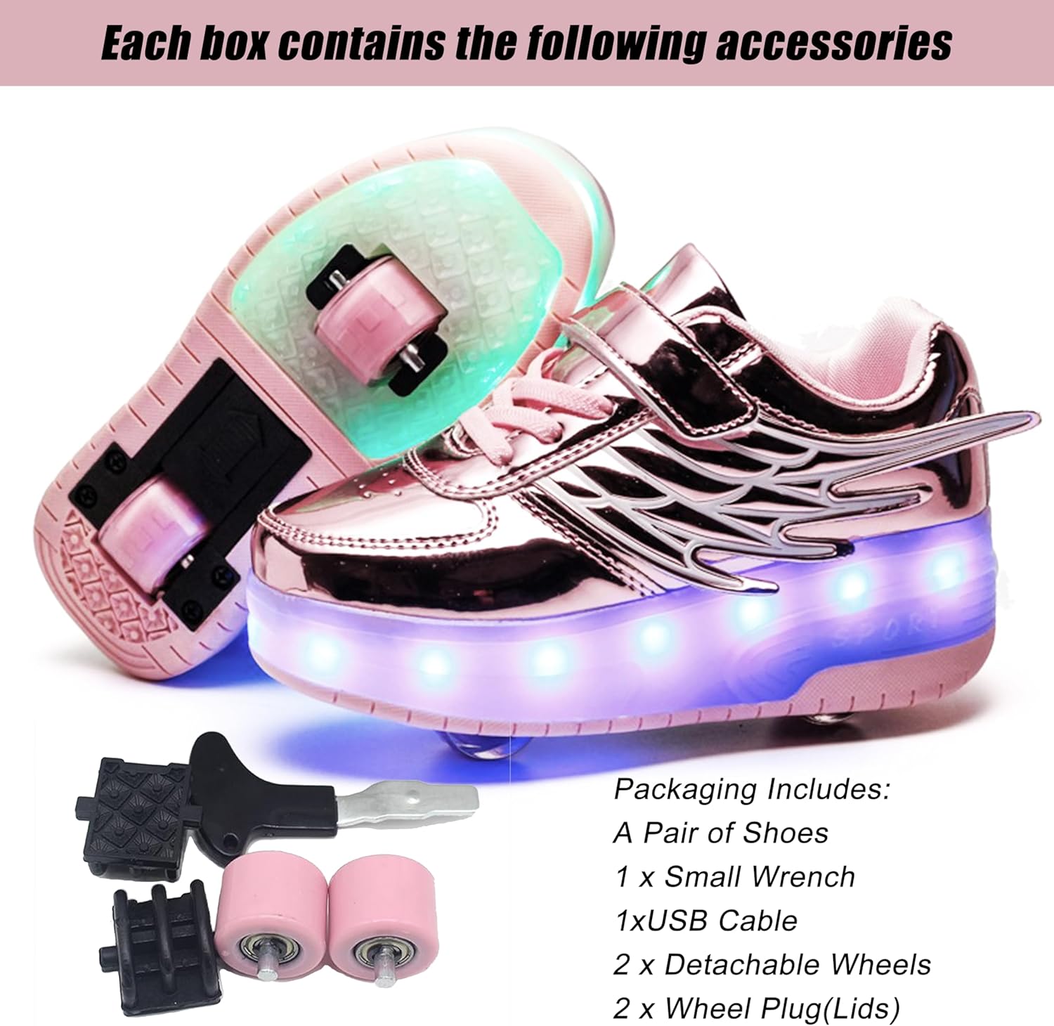 Детские роликовые кроссовки Aikuass с USB-подзарядкой и светящейся LED-подсветкой для мальчиков и девочек, розовый — фото 3