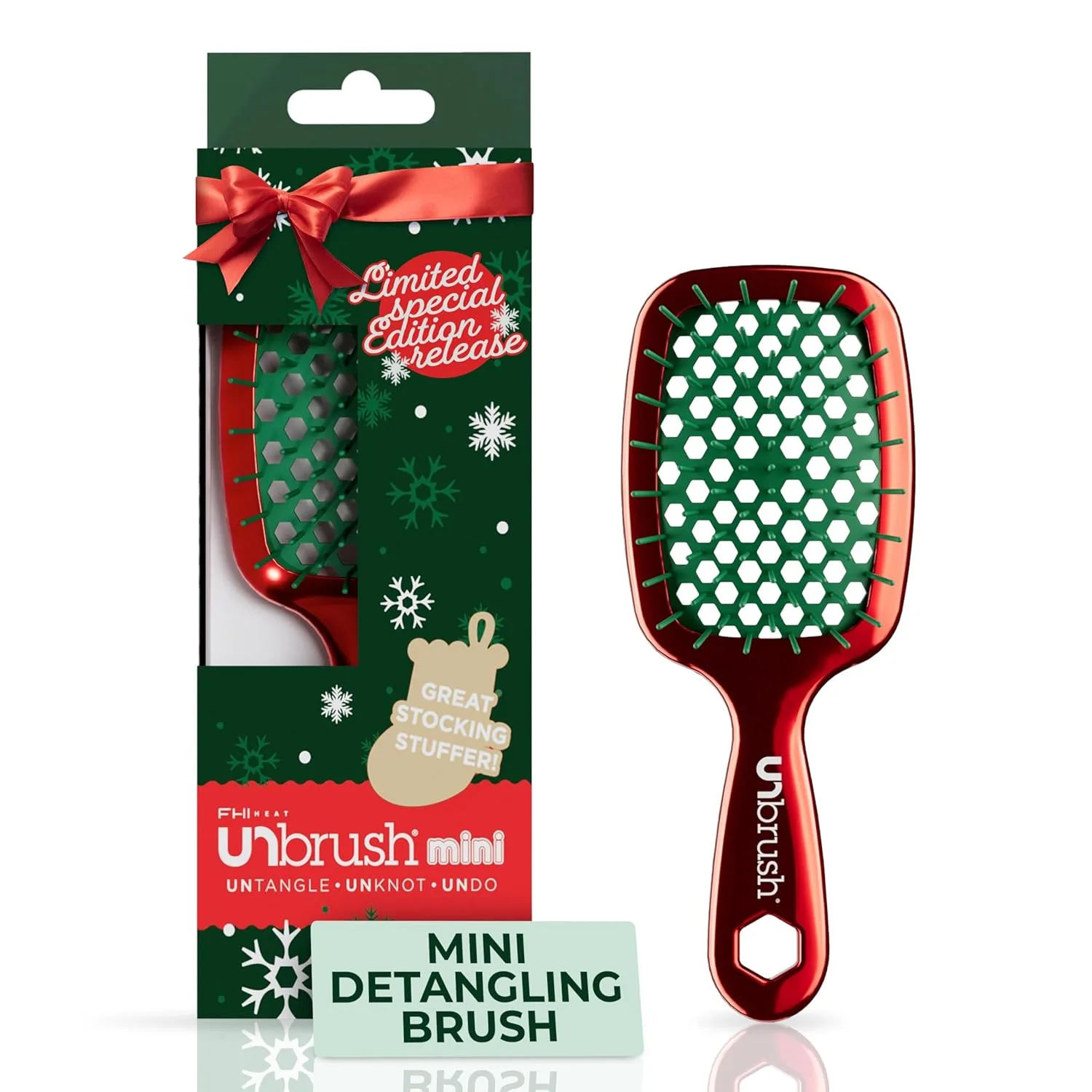 Мини-щетка для волос UNbrush Mini Holiday Hair Brush для безболезненного расчесывания всех типов влажных и сухих волос. Fhi Heat, Poinsetta Red