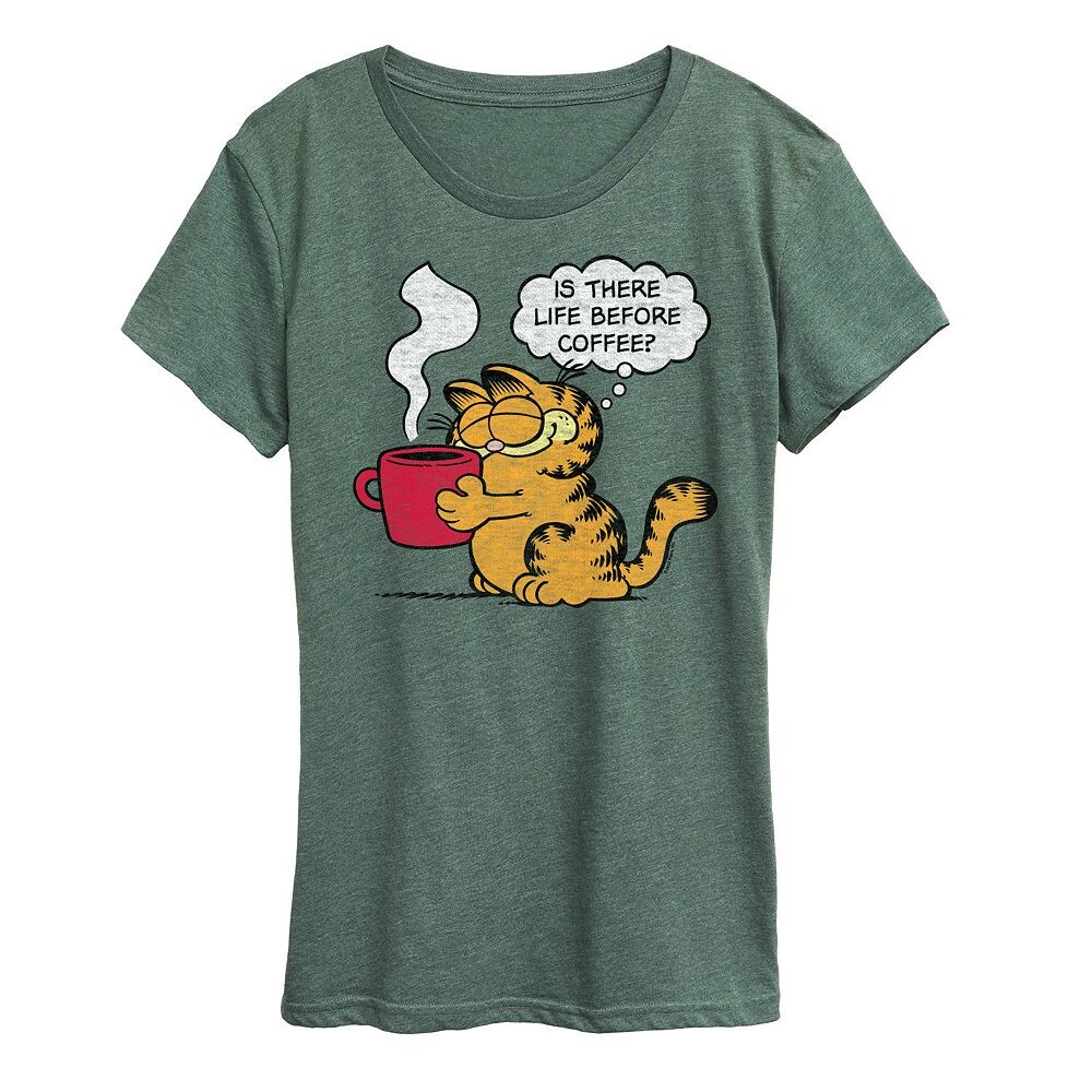 

Женская футболка с рисунком Garfield Life Before Coffee Licensed Character, цвет Heather Green