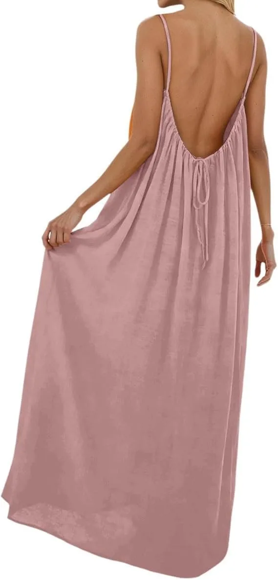 Платье-ками Backless для женщин, однотонное платье-ками Backless, безрукавное пляжное платье макси Backless для отпуска летом Generic, розовый — фото 3