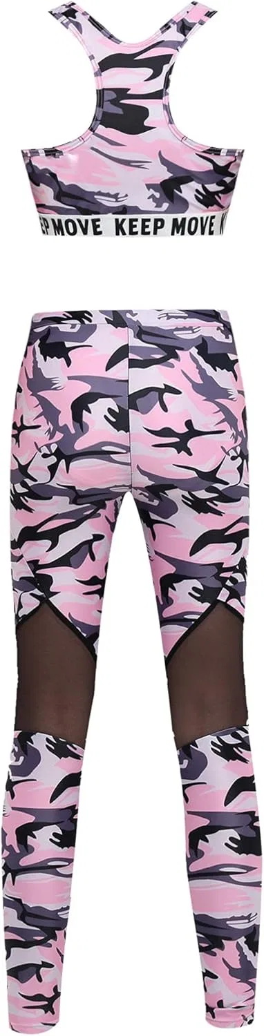 Детский спортивный костюм с принтом Sxiwei, 2 предмета: топ и леггинсы, Camouflage Pink — фото 2