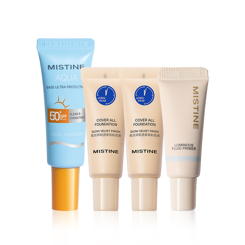 Набор Mistine: солнцезащитный крем Aqua Base Ultra Protection SPF50 + тональная основа Cover All Foundation LF110, 5 г*2 + праймер-флюид 01 — фото 3