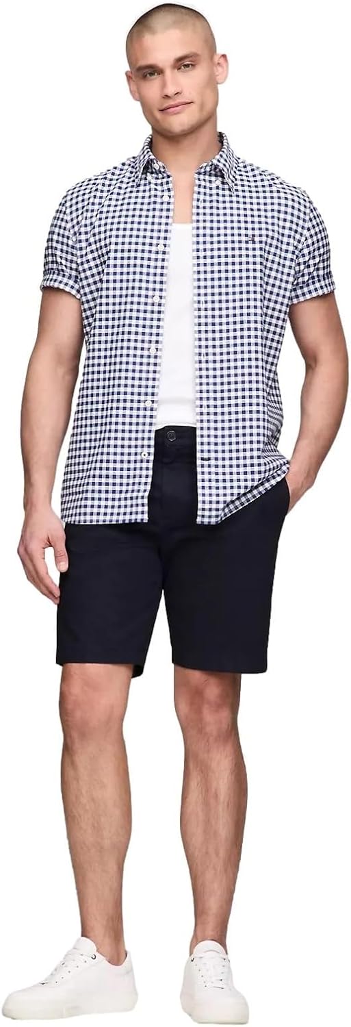 Мужская рубашка-оксфорд с коротким рукавом, классического кроя, Tommy Hilfiger, коллекция 2024, размер S, белый, Gingham Navy. — фото 2
