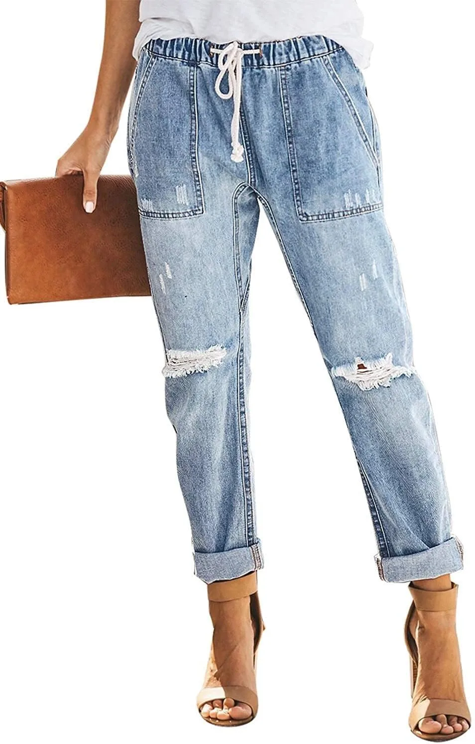 

Женские джинсы-бойфренды Mid Rise Straight Leg с рваным эффектом и эластичным поясом cffvdiz