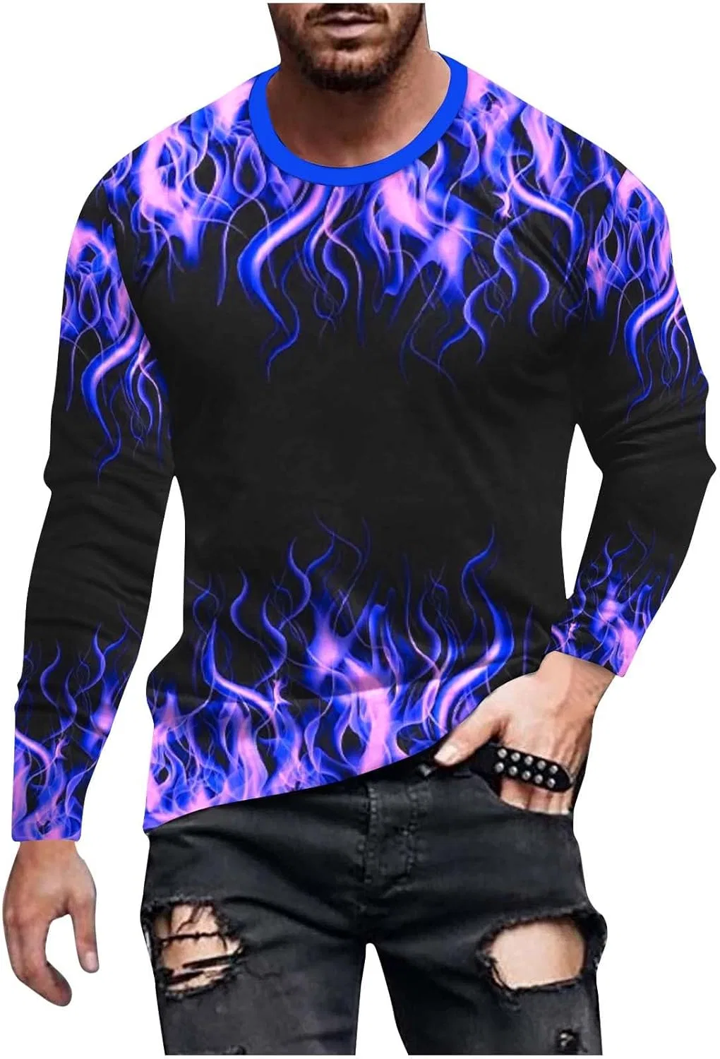 Футболка с длинным рукавом 3D Flame Print, мужская, спортивная, повседневная, фиолетовая