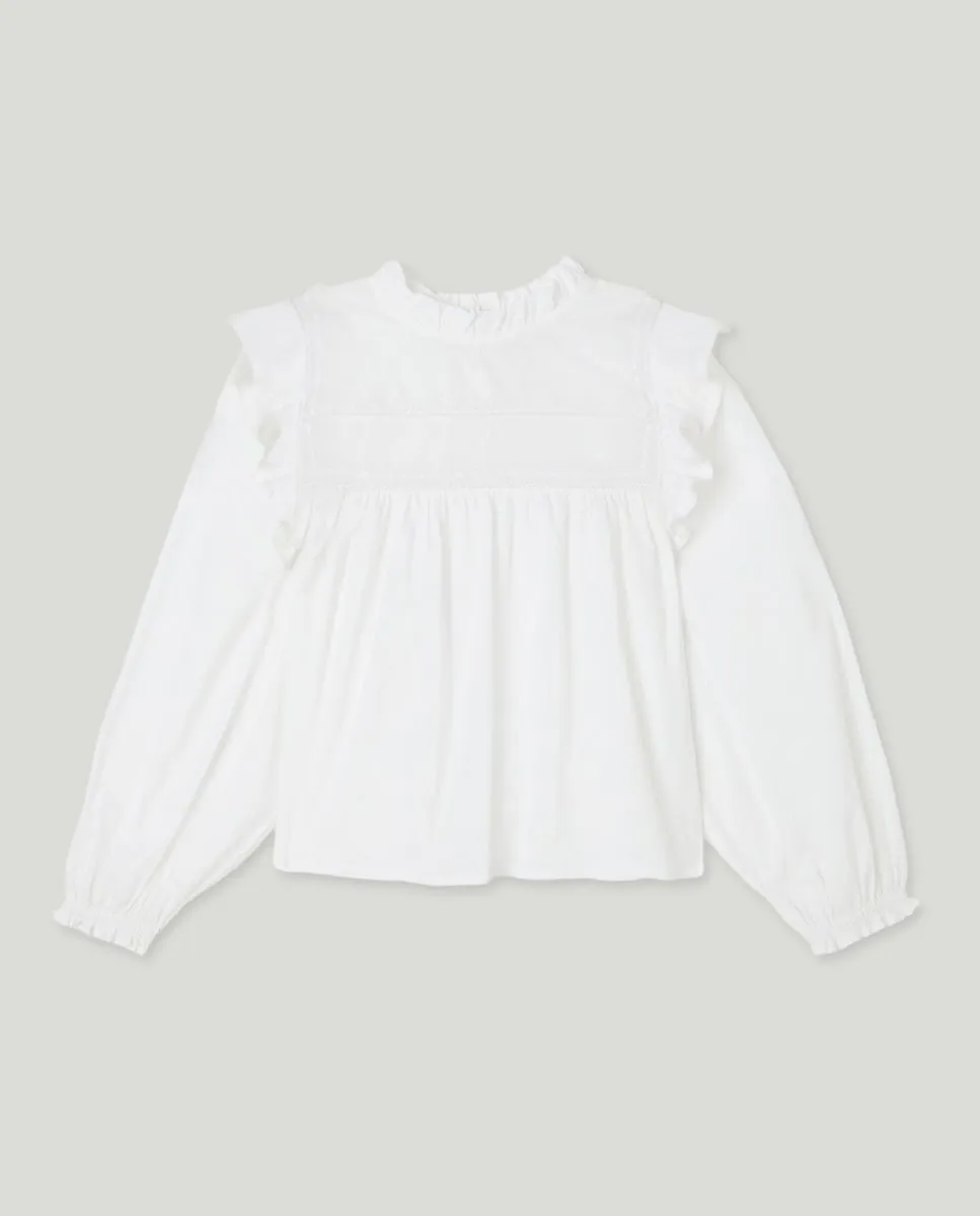 

Романтическая блузка с длинными рукавами для девочки с кружевами на груди и боковыми воланами Kids El Corte Inglés, белый