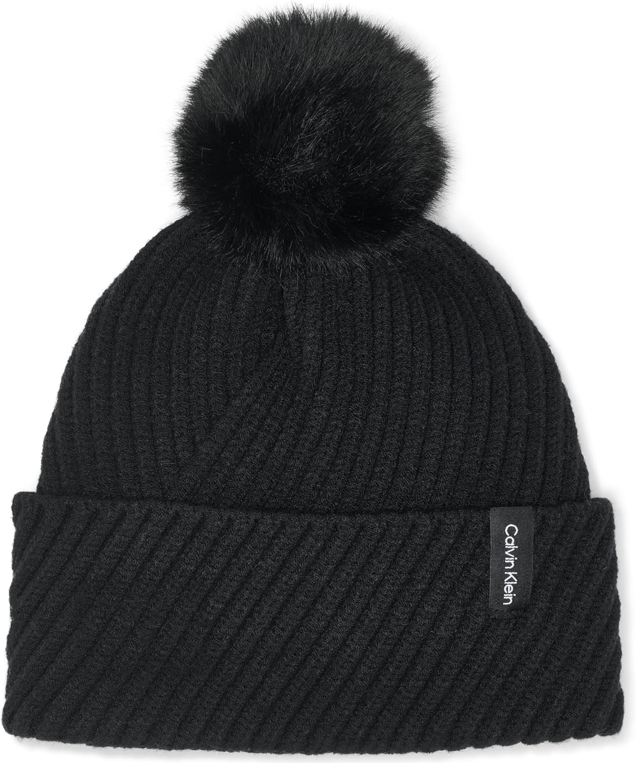 

Женская зимняя шапка-бини Calvin Klein в диагональный рубчик с помпоном из искусственного меха, Black