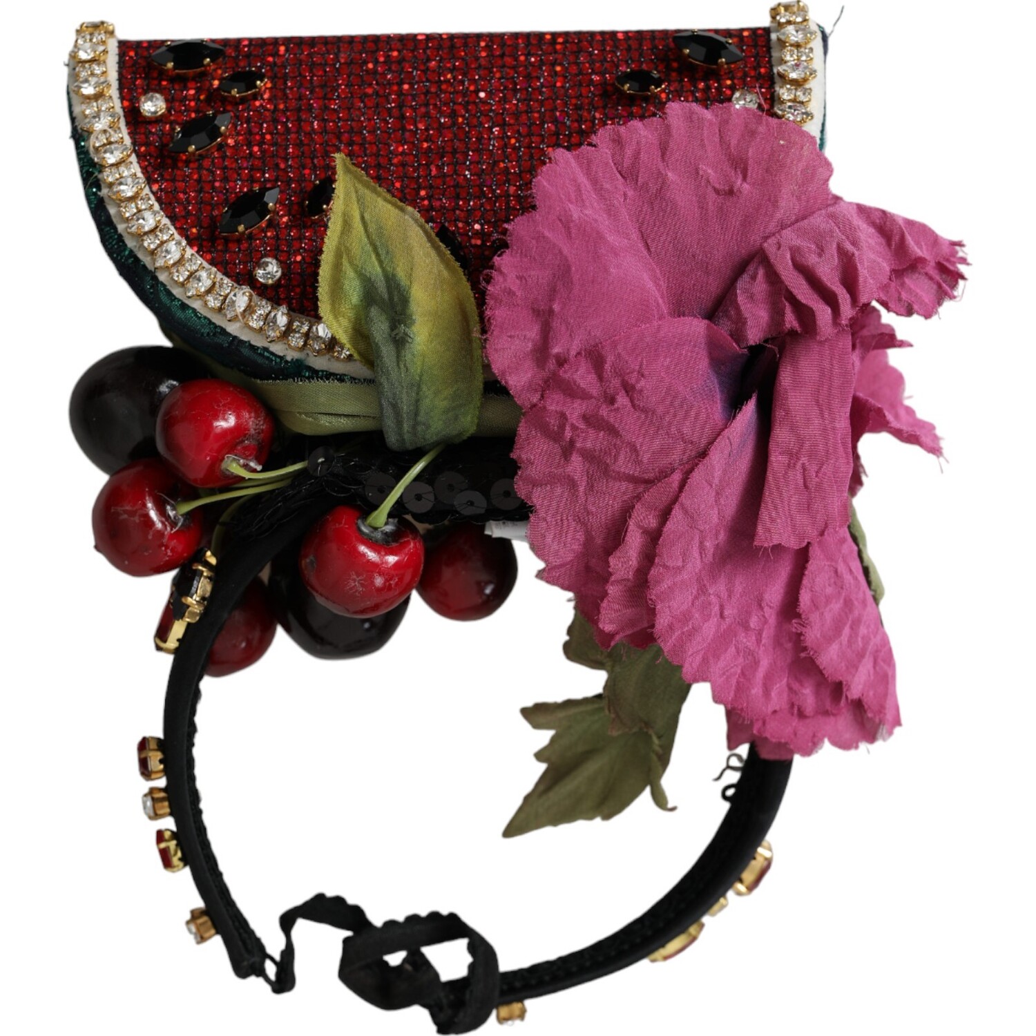 

Красный арбузный ободок с вишней и кристаллами, эффектная диадема Dolce & Gabbana