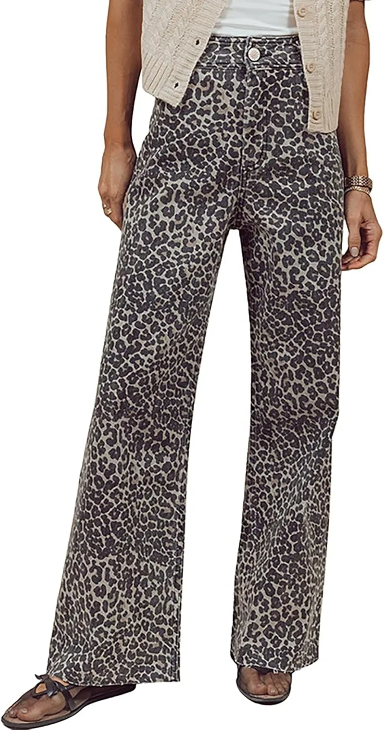 

Женские джинсы-клеш с леопардовым принтом, высокие и эластичные QLAUYIOE