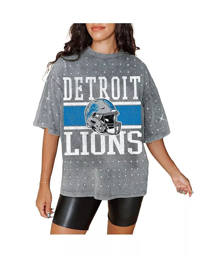 

Женская серая классическая футболка Detroit Lions большого размера со стразами Gameday Couture