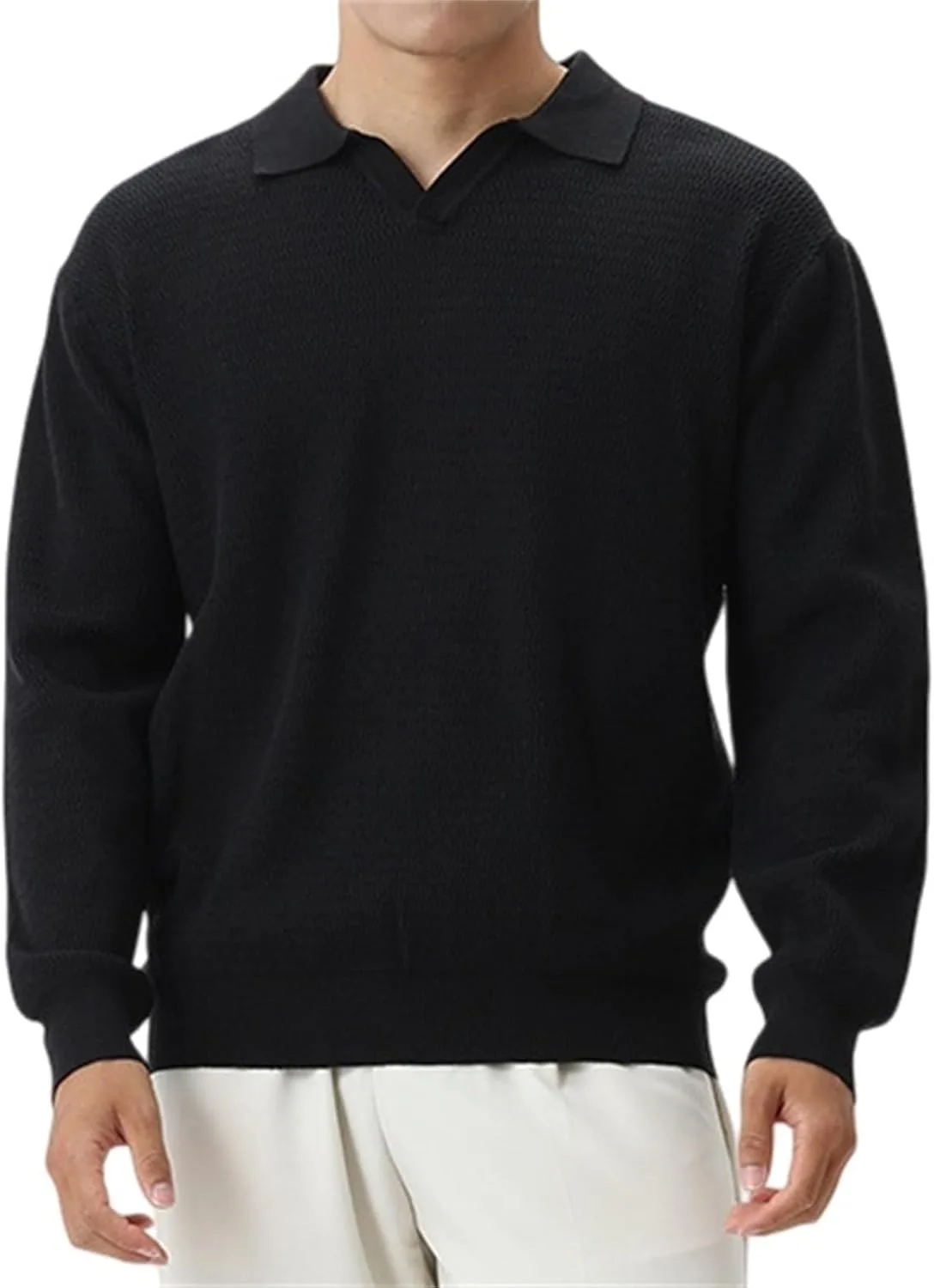 

Мужской вязаный поло с длинным рукавом и V-образным вырезом