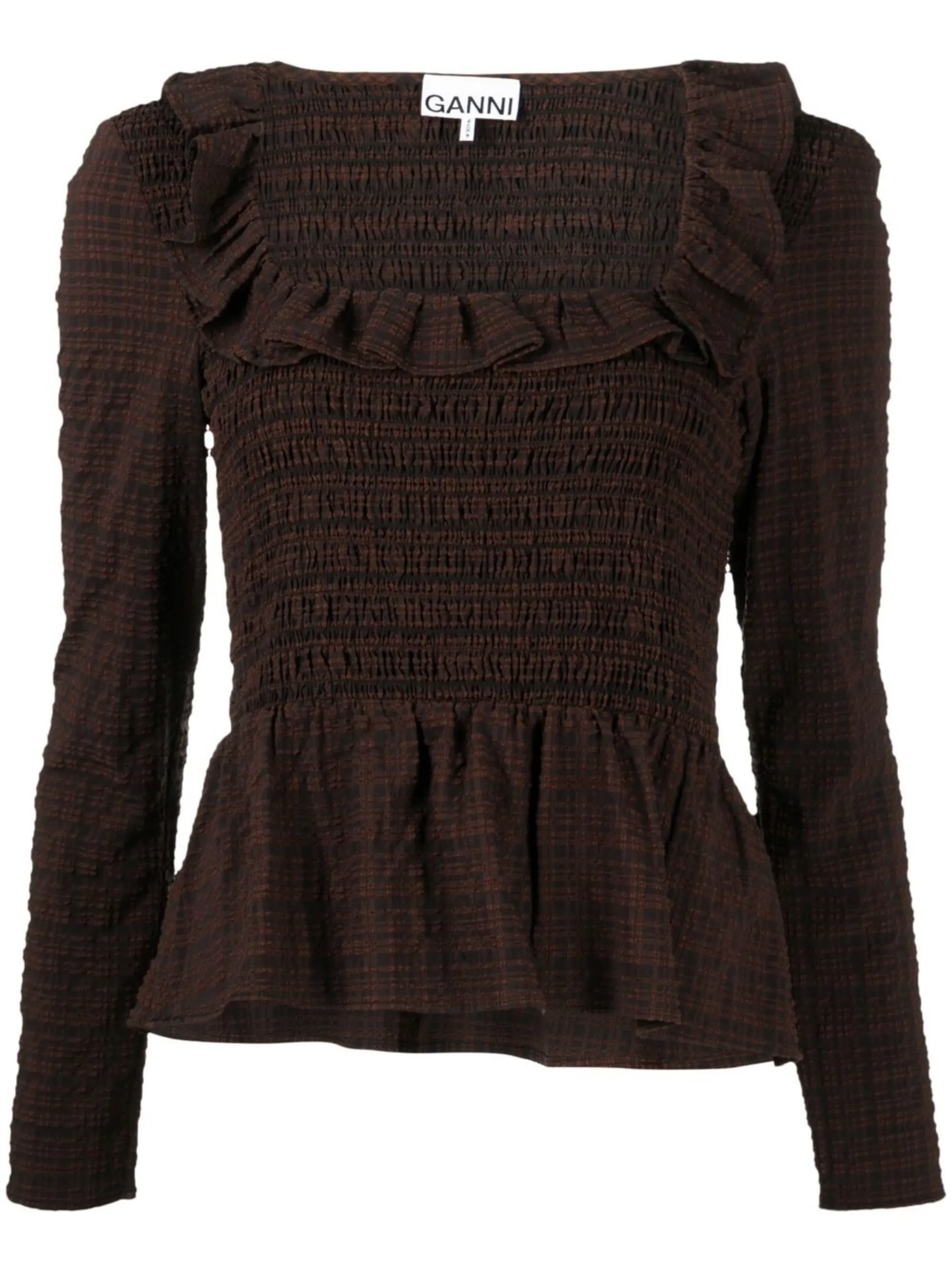 

Блузка из сирсакера со сборками Ganni, коричневый