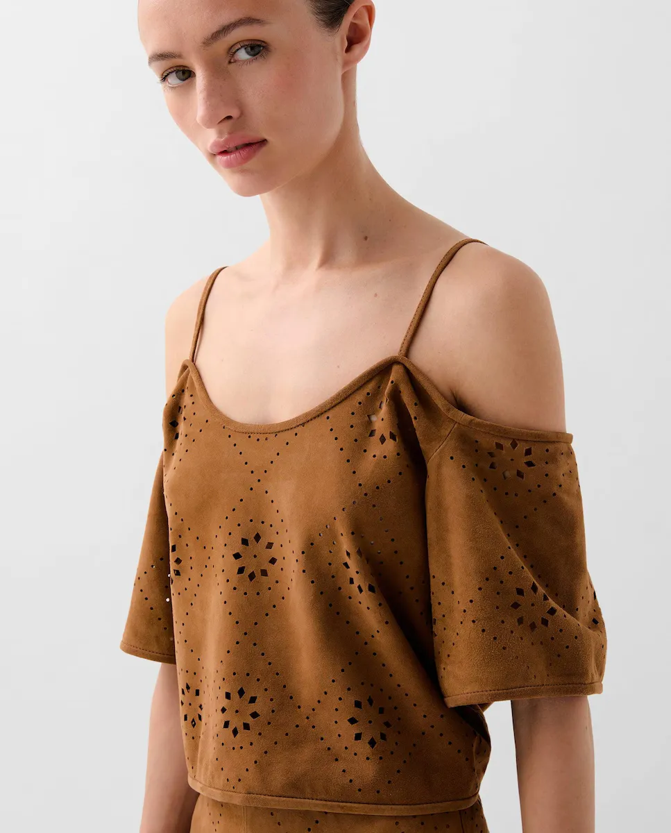 

Женский топ с открытыми плечами и перфорированными деталями Scalpers, коричневый