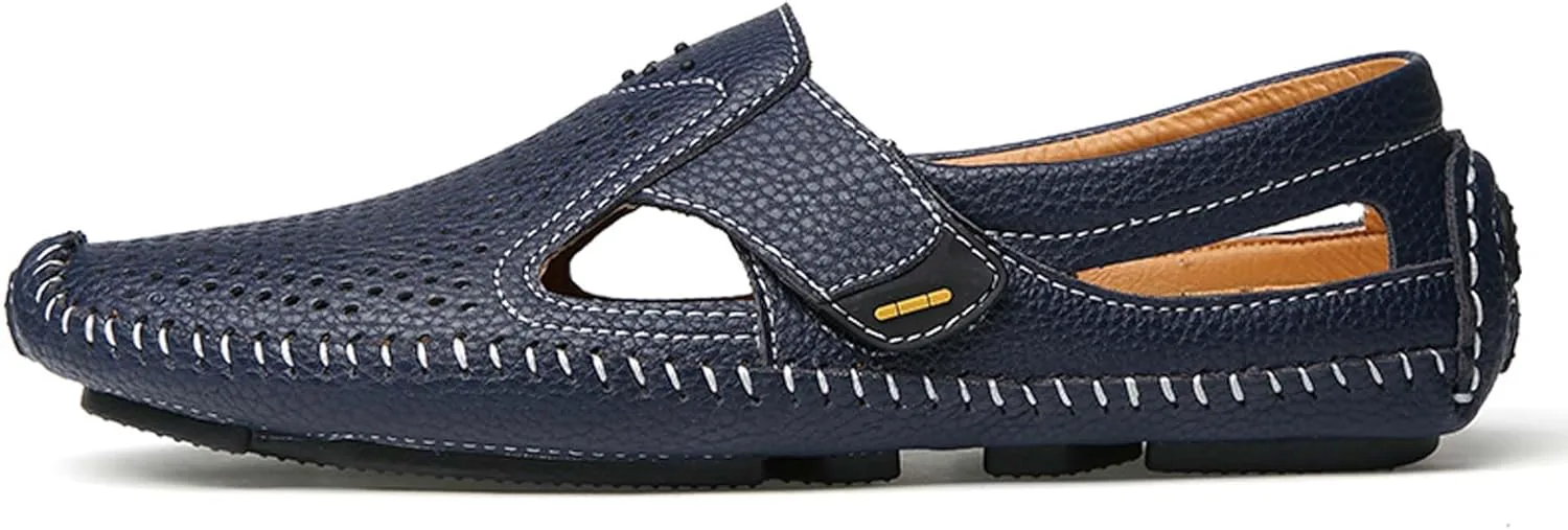 

Мужские сандалии, легкий дизайн, изготовлены из коровьей кожи, верх с перфорацией для вентиляции, удобные, мягкие и прохладные, ручная прошивка, стильные и универсальные, для повседневного ношения и вождения Vtiao, синий