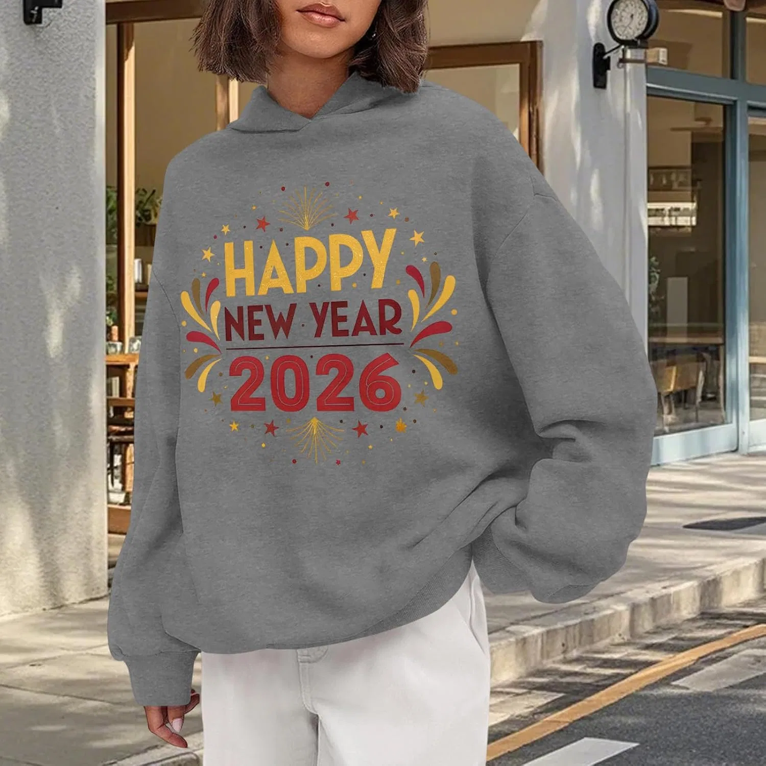 Худи женское с принтом Happy New Year 2026, оверсайз, серое — фото 2