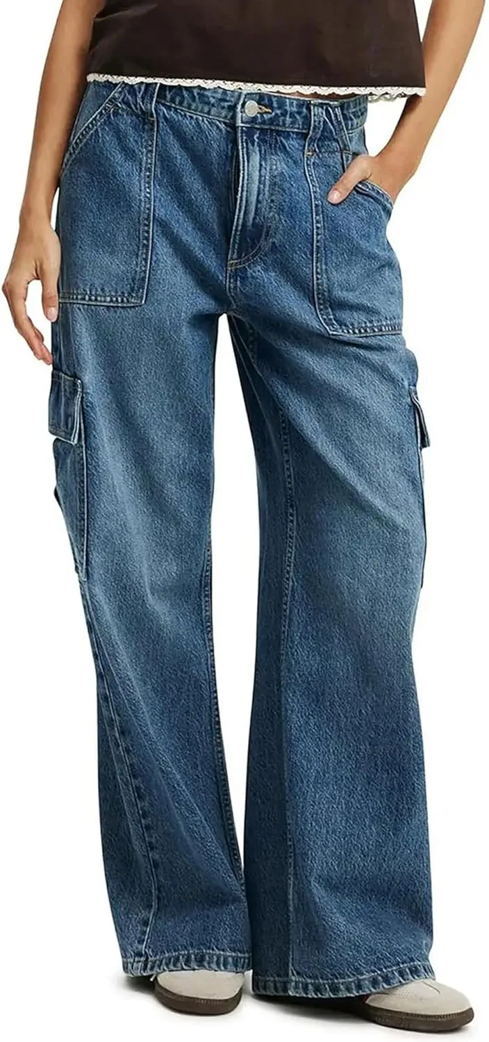 

Женские джинсы карго мид-райз с 6 карманами, прямые свободные QLAUYIOE