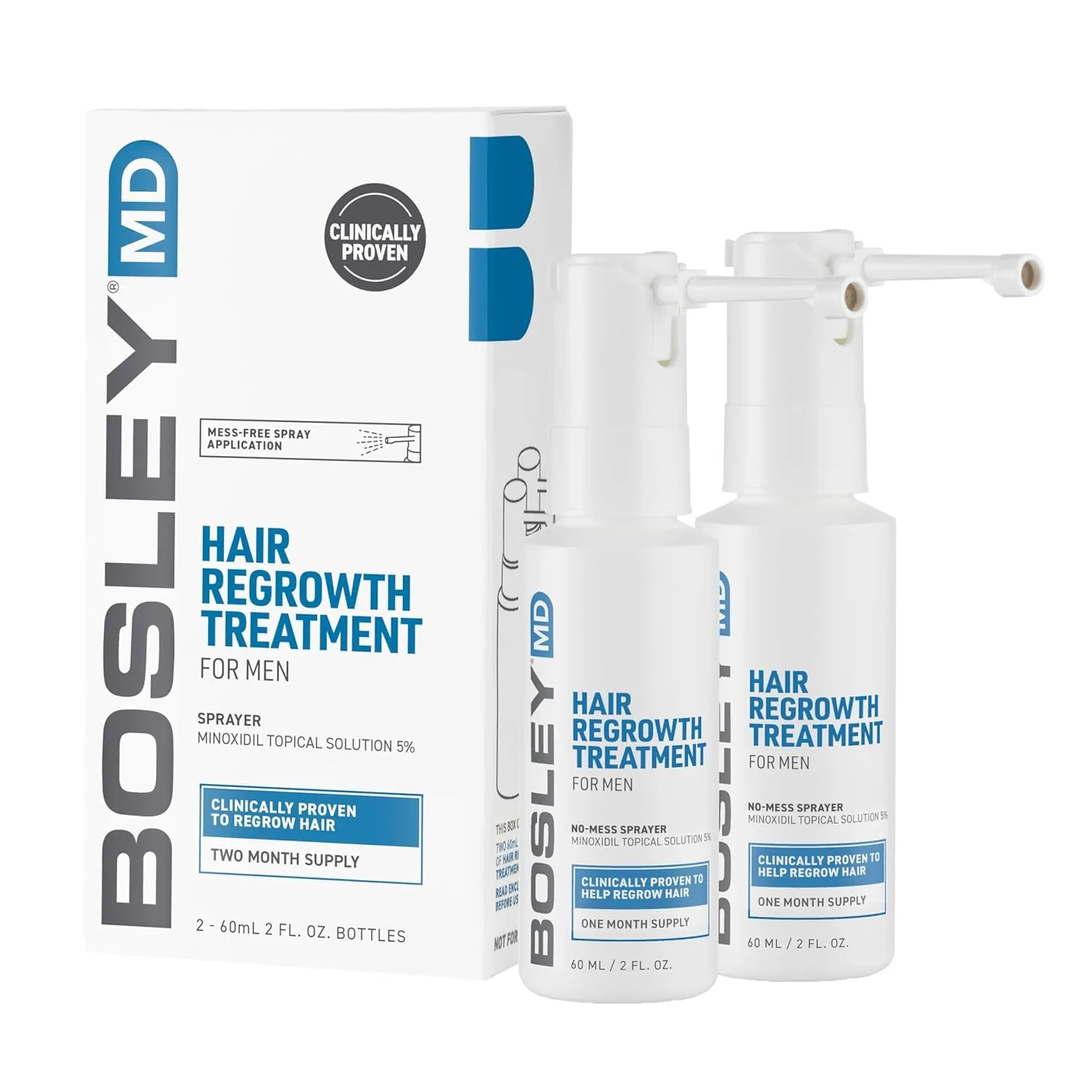 BosleyMD Minoxidil спрей, усиленная формула для истонченных волос и роста волос для мужчин и женщин, 2 упаковки, запас на 2 месяца
