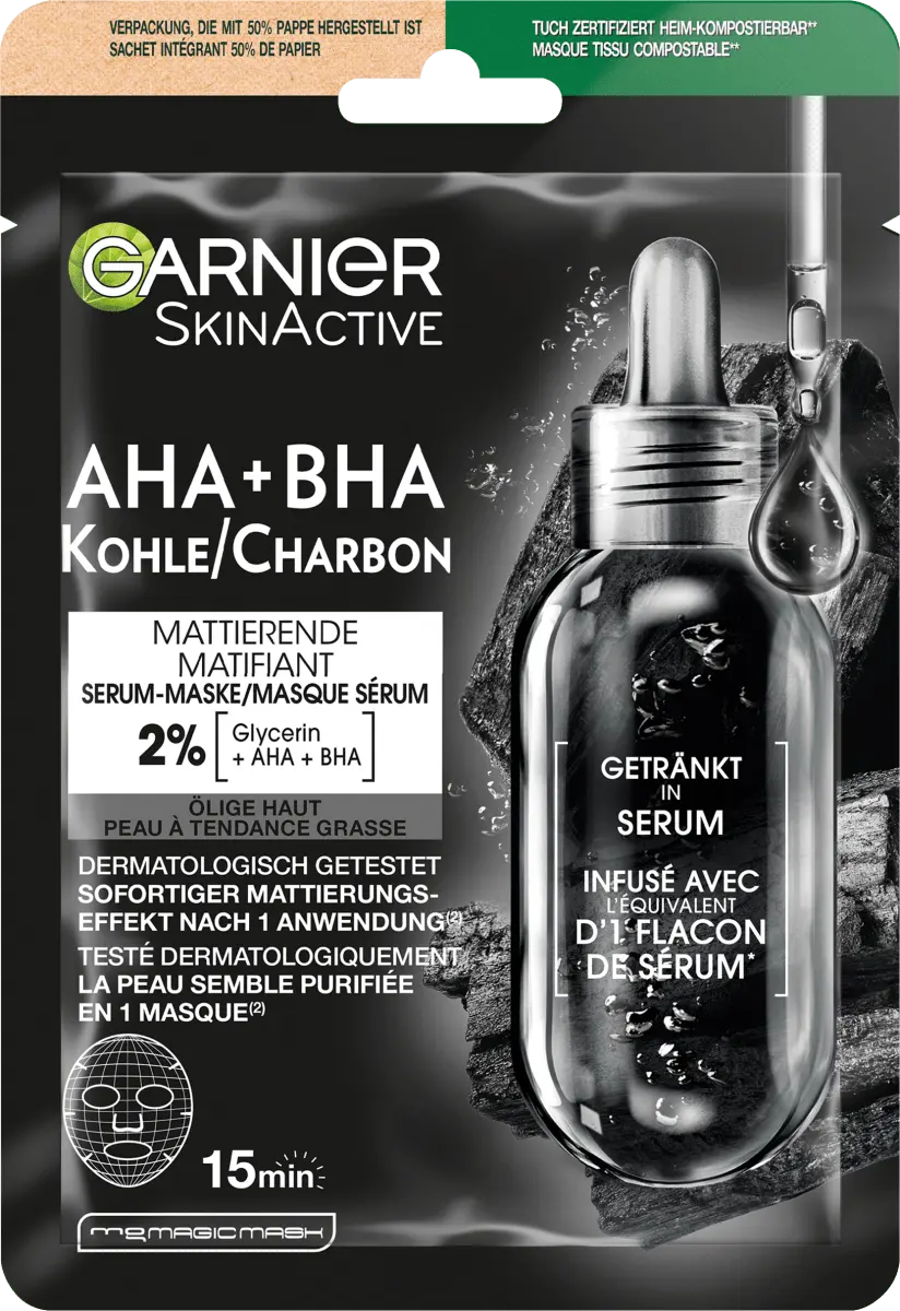 

Тканевая маска-сыворотка AHA + BHA уголь/уголь 280г Garnier