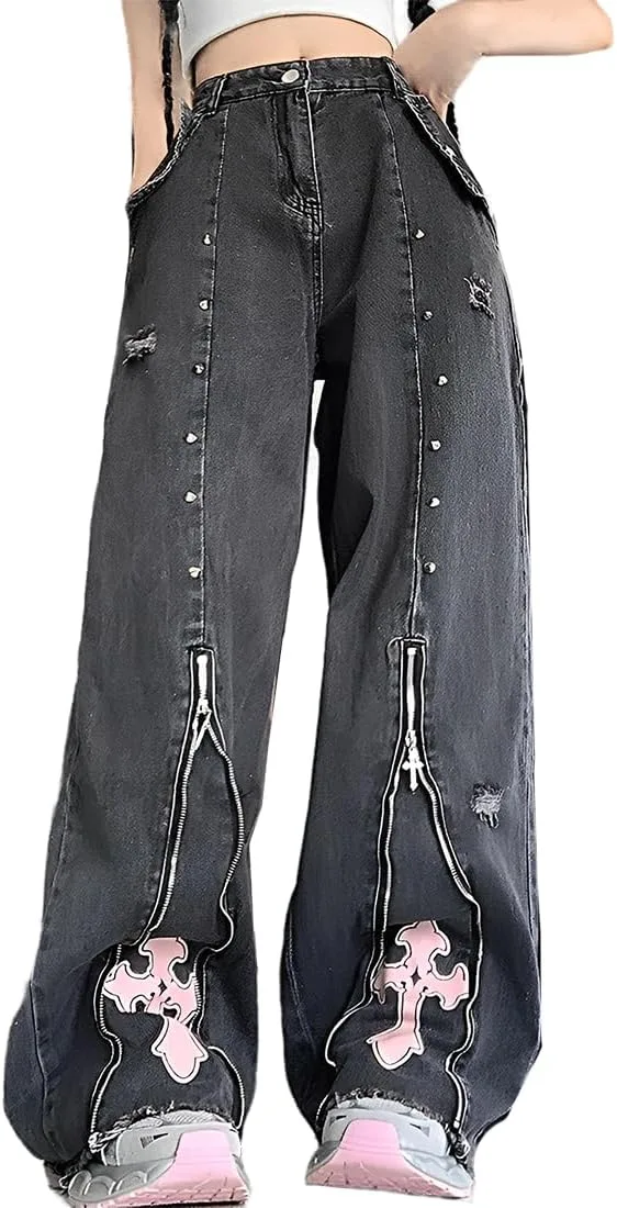 

Джинсы Y2K готик-гранж с высокой талией и прямым кроем RILGOU