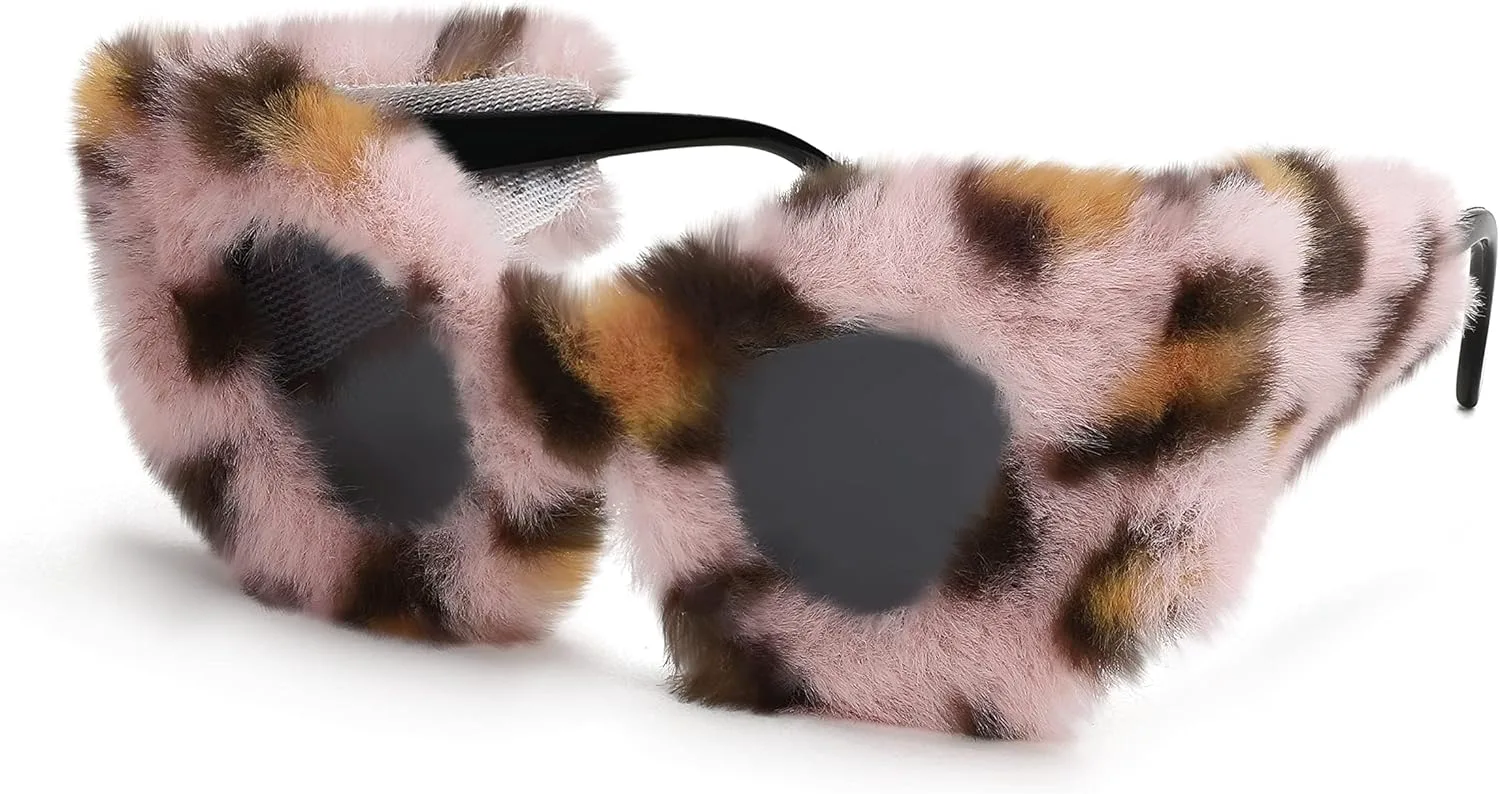 

FEISEDY Женские плюшевые пушистые солнцезащитные очки «кошачий глаз» в стиле панк, мягкие бархатные очки ручной работы для вечеринок и маскарадов B2877, Pink Leopard