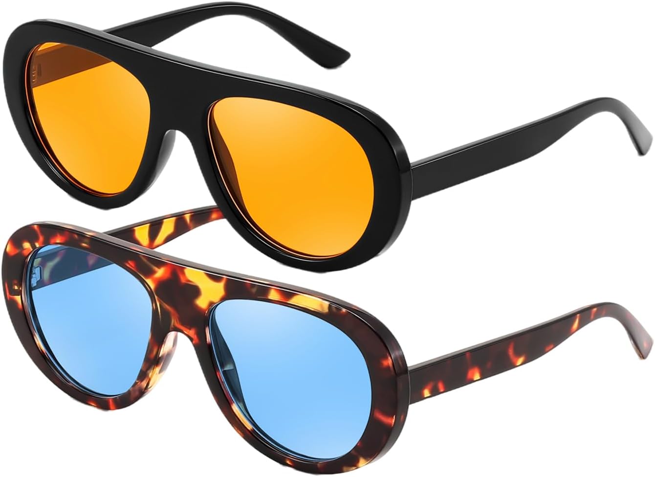 

Karsaer 2 шт. Ретро-авиаторские солнцезащитные очки массивной формы для женщин и мужчин, в стиле 70-х, модные и стильные, с защитой от ультрафиолета UV400, Glossy Black Frame / Orange Lens+tortoiseshell Frame / Blue Lens