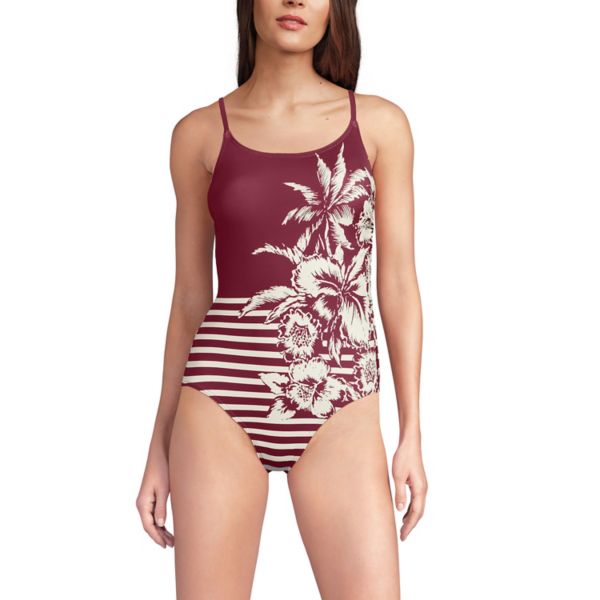 

Женский слитный купальник с тонкими бретельками Lands' End, цвет burgundy tropic strp