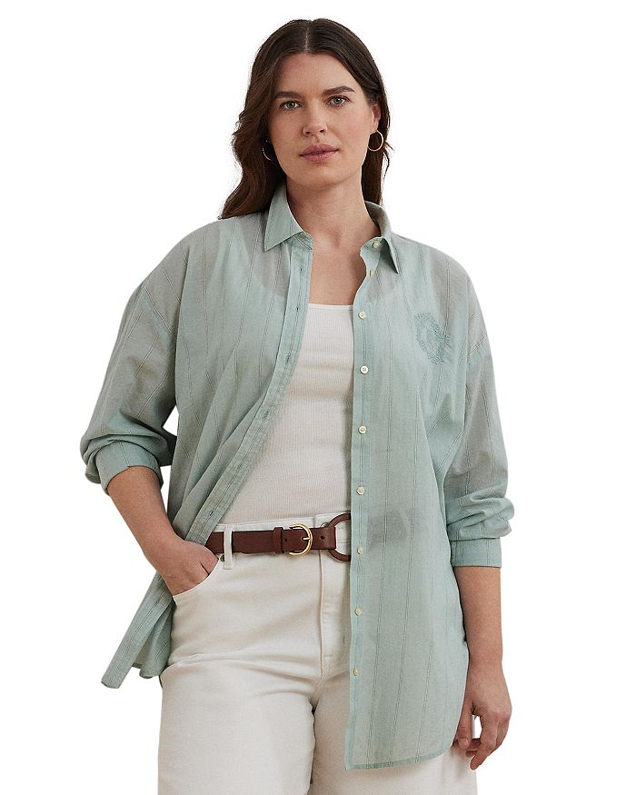 

Плюсовая полосатая рубашка оверсайз из хлопкового вуаля Ralph Lauren, зеленый