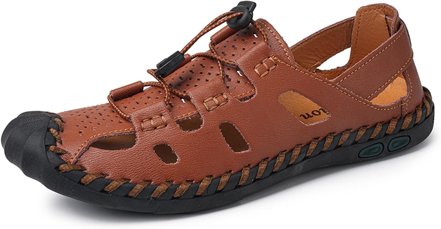 

Мужские летние сандалии с вырезами из кожи, регулируемые ремешки, ручная работа, повседневные сандалии для прогулок, походов, с закрытым носком, пляжные, спортивные, треккинговые, для активного отдыха, дышащие Generic, коричневый