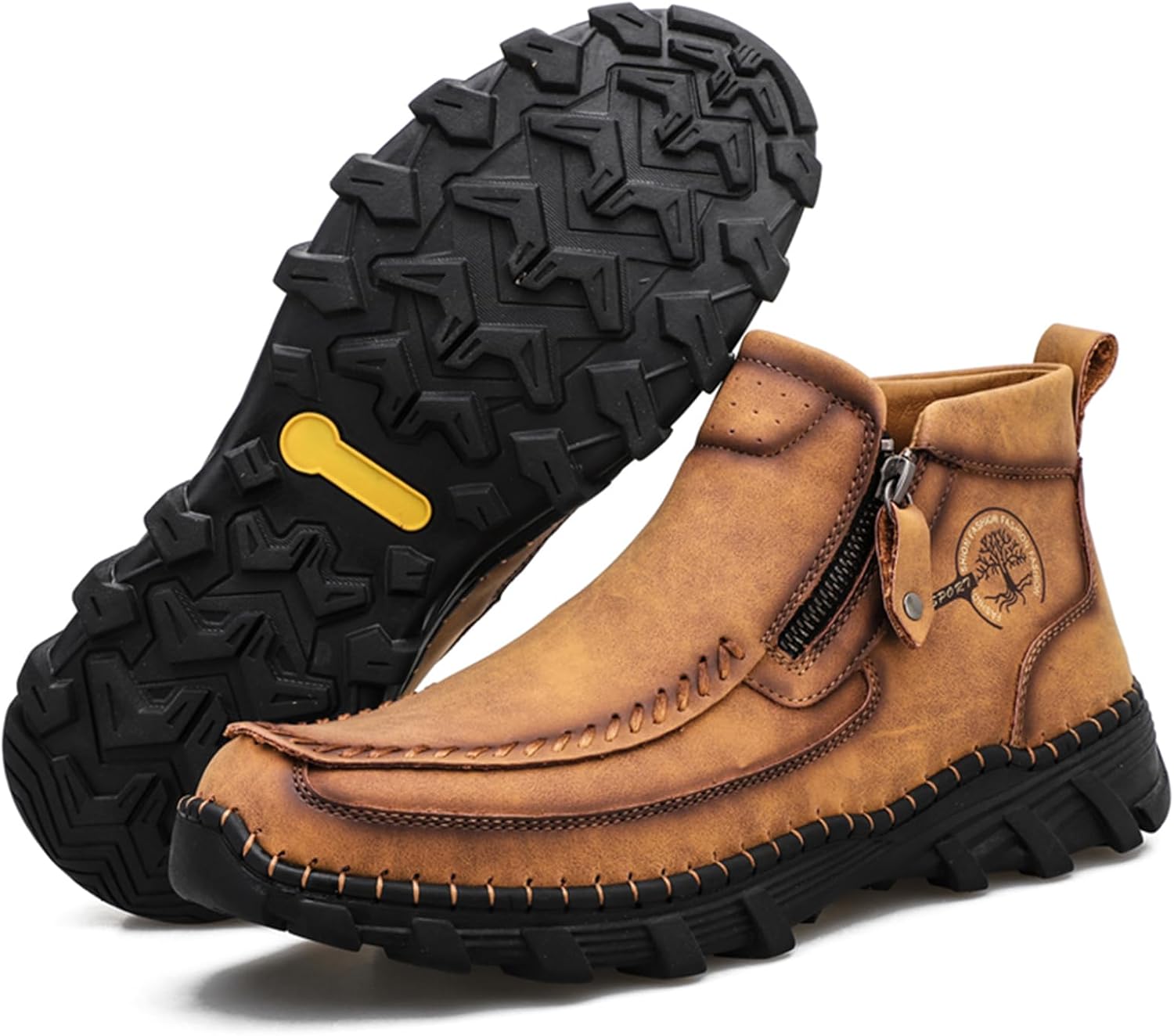 

Мужские кожаные сшитые вручную ботинки без шнурков с боковой молнией, повседневные удобные мокасины-чукка для улицы, работы, вождения и походов Oigunle, коричневый