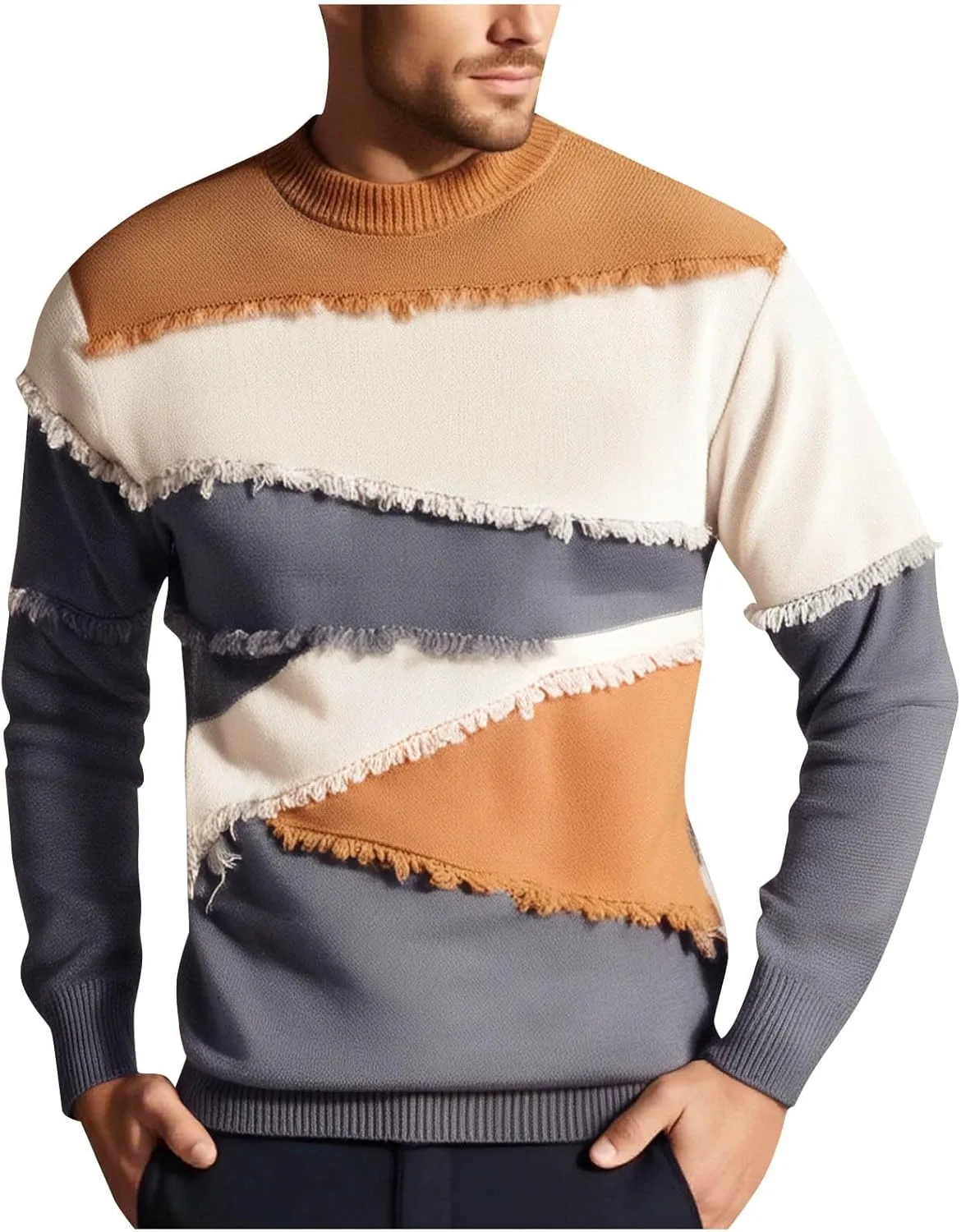 

Свитер Patchwork для мужчин, Oversized, Colorblock, с Frayed Trim QUNPIU