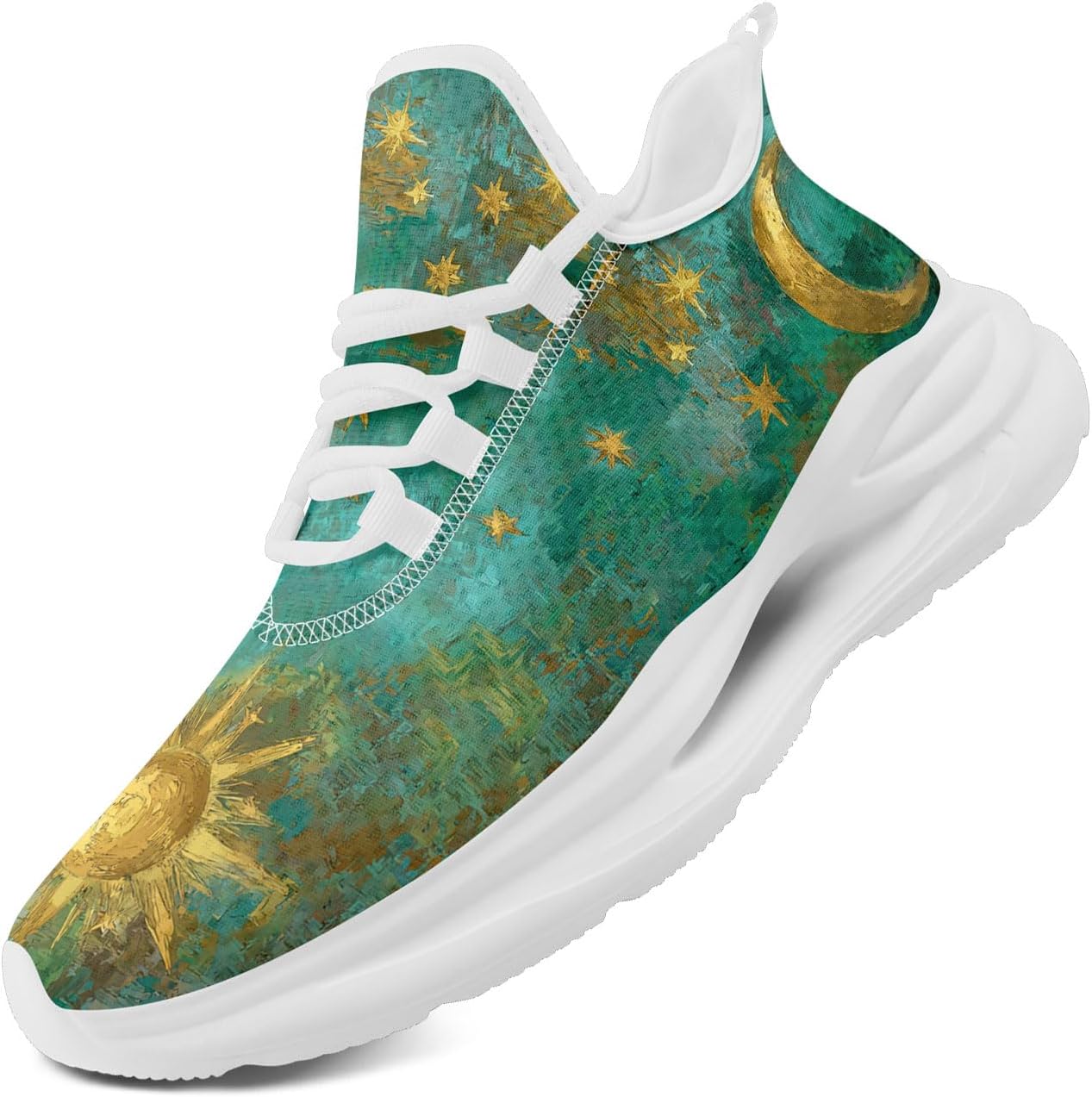 

Легкие кроссовки AWSOLE с принтом Солнце, Луна, Звезда для женщин и мужчин, дышащая сетка, для бега и ходьбы, модные, комфортные тренировочные, белый/зеленый/золотой