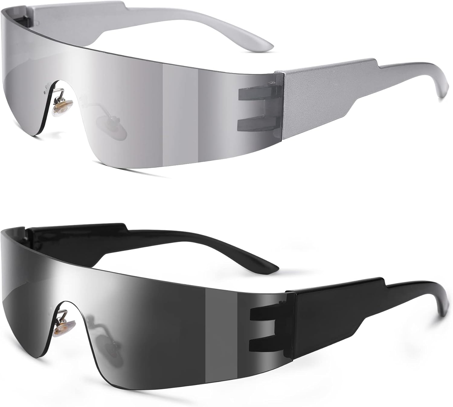 

NULOOQ Y2K Футуристические солнцезащитные очки без оправы с обтекаемой формой для женщин и мужчин, модные киберпанк-очки с козырьком, моноблочные очки «Циклоп», A1* (Black/Gray + Silver/Silver Mirrored) - 2 Pack