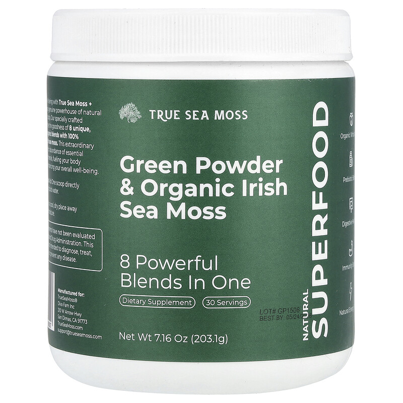 

True Sea Moss, Natural Superfood, зеленый порошок и органический ирландский морской мох, 203,1 г (7,16 унции)