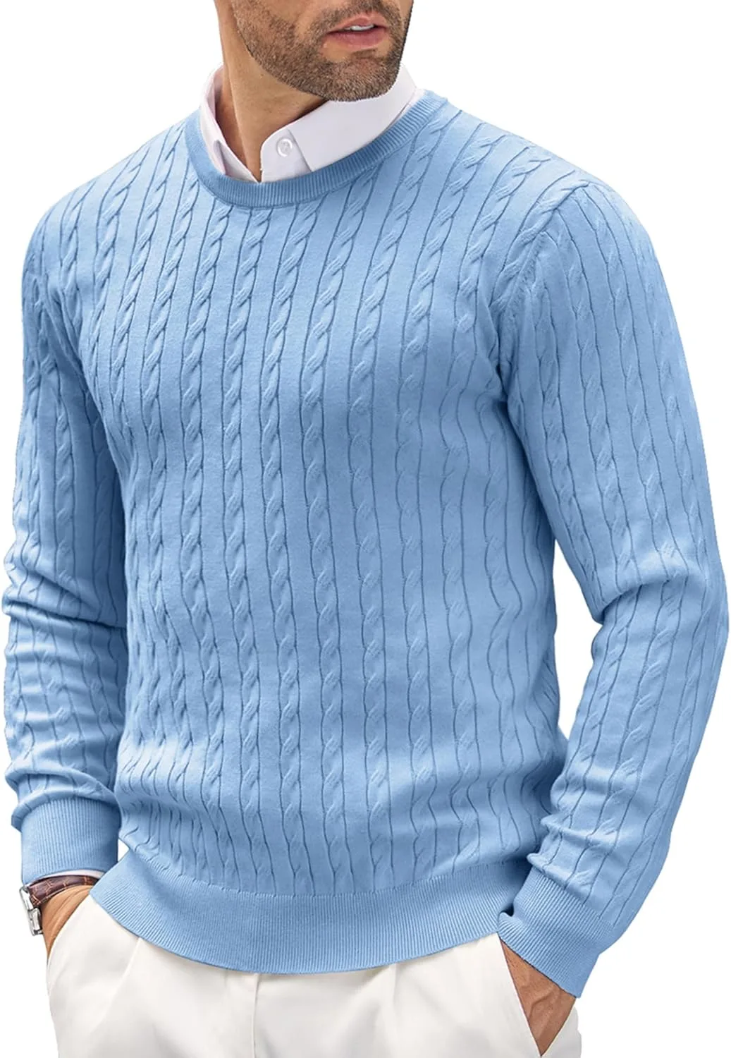 

COOFANDY мужской свитер с круглым вырезом Slim Fit легкий с узором кос