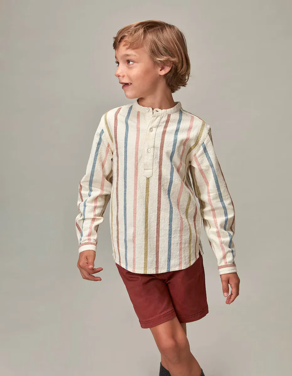 

Рубашка в разноцветную полоску для мальчика с воротником-стойкой Gocco, цвет Crudo